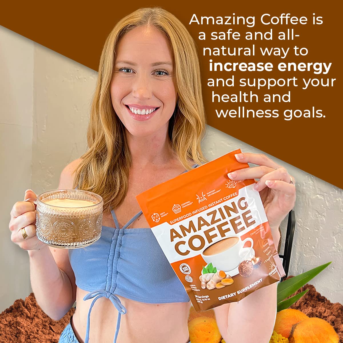 Superfoods Company Amazing Coffee - French Roast Instant Coffee with Adaptogenic Mushrooms & Superfoods, 30 Servings, Cocoa Flavor, 8.47 oz