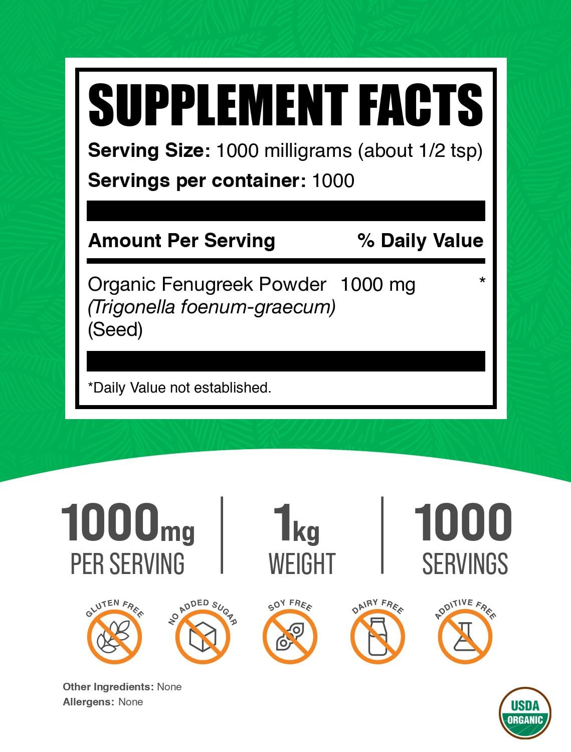 Bulkdietary products Organic Fenugreek Powder, 1g per Serving, 2.20 lbs (1kg), Gluten Free