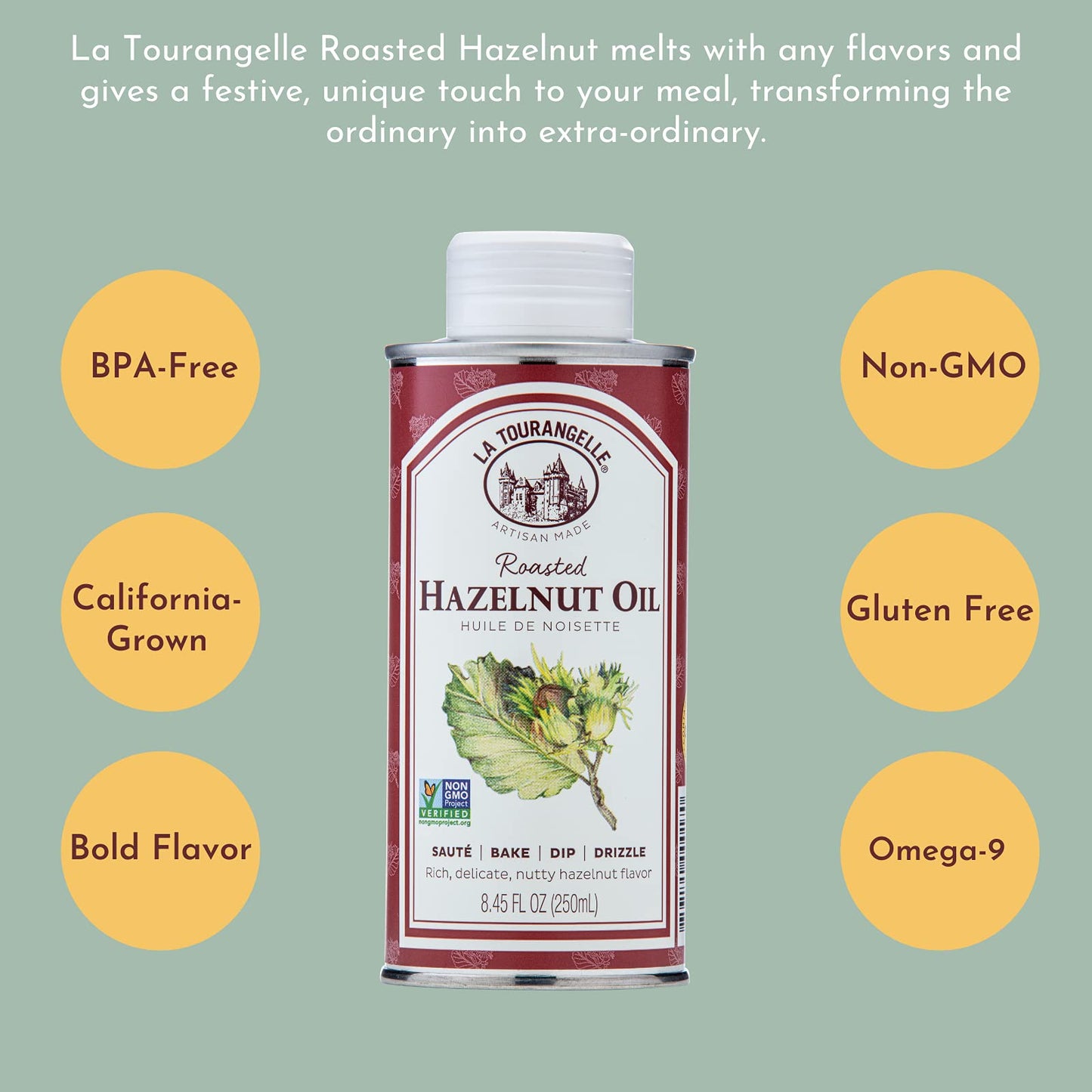 La Tourangelle, Roasted Hazelnut Oil, High-Oleic Oil Great For Baking, Stir-Frying, And Vinaigrettes, 8.45 Fl Oz