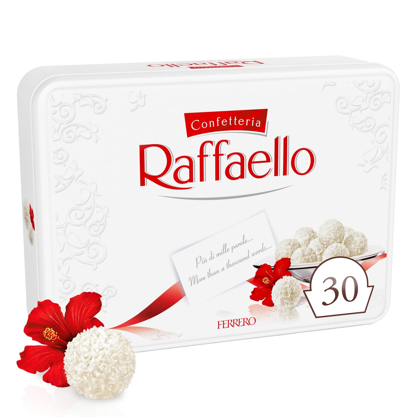 Raffaello Coconut Almond Pralines in Metal Tin Box 30 Individually Wrapped   10.6 oz