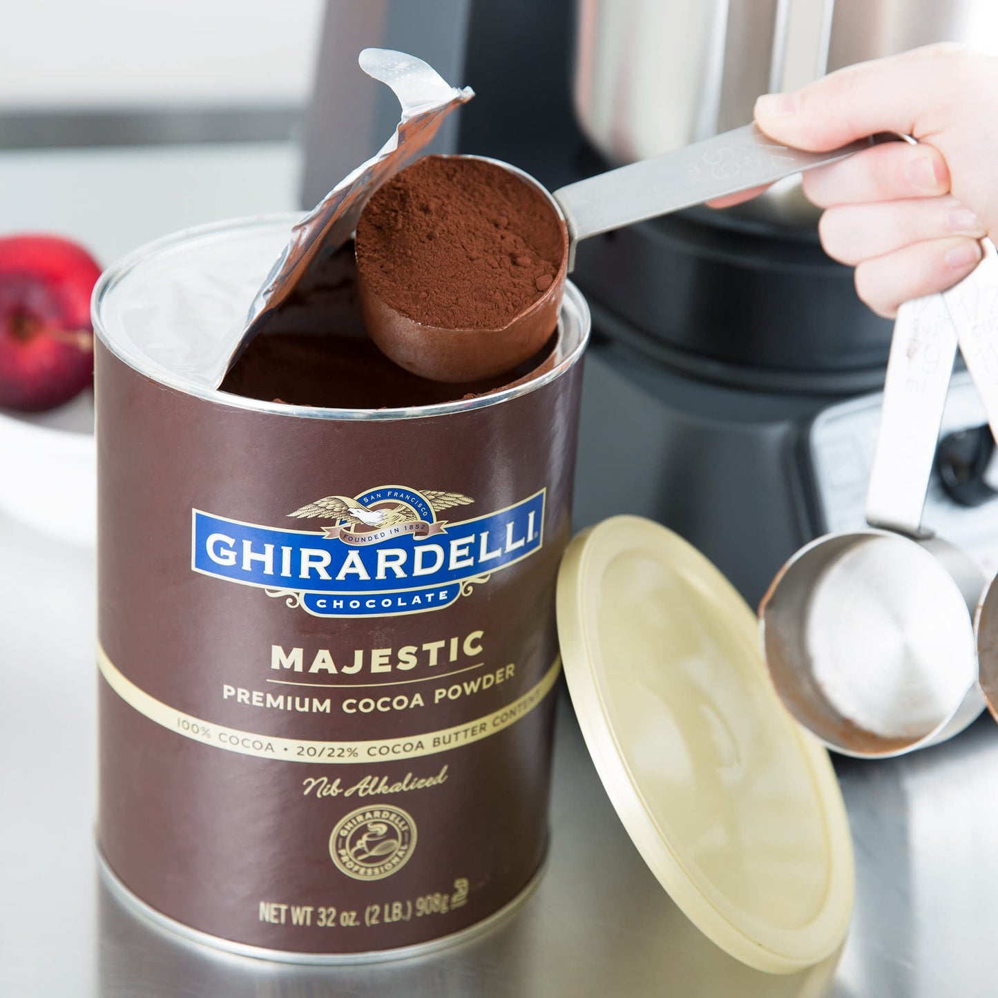 Ghirardelli Cocoa Powder, Premium, 32 Ounce Can, Pack of 2, Includes Stamped Barista Spoon, 3 Piece Set