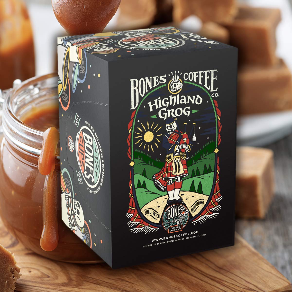 Bones Coffee Company Flavored Coffee Bones Cups Highland Grog Butterscotch Caramel | 12Ct Single-Serve Coffee Pods Compatible With Keurig 1.0 & 2.0 Keurig Coffee Maker