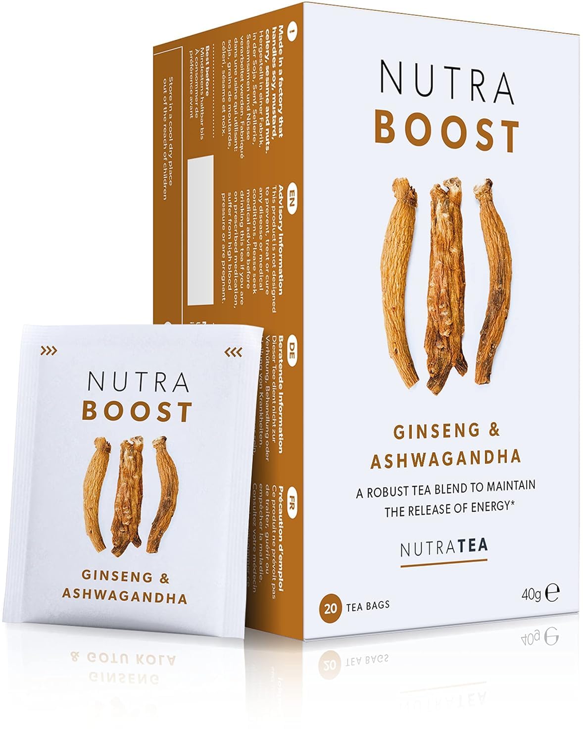Nutra Tea Herbal Energy Tea - Includes Green Tea, Ginseng & Ashwagandha - 20 Count Individually Wrapped Bags