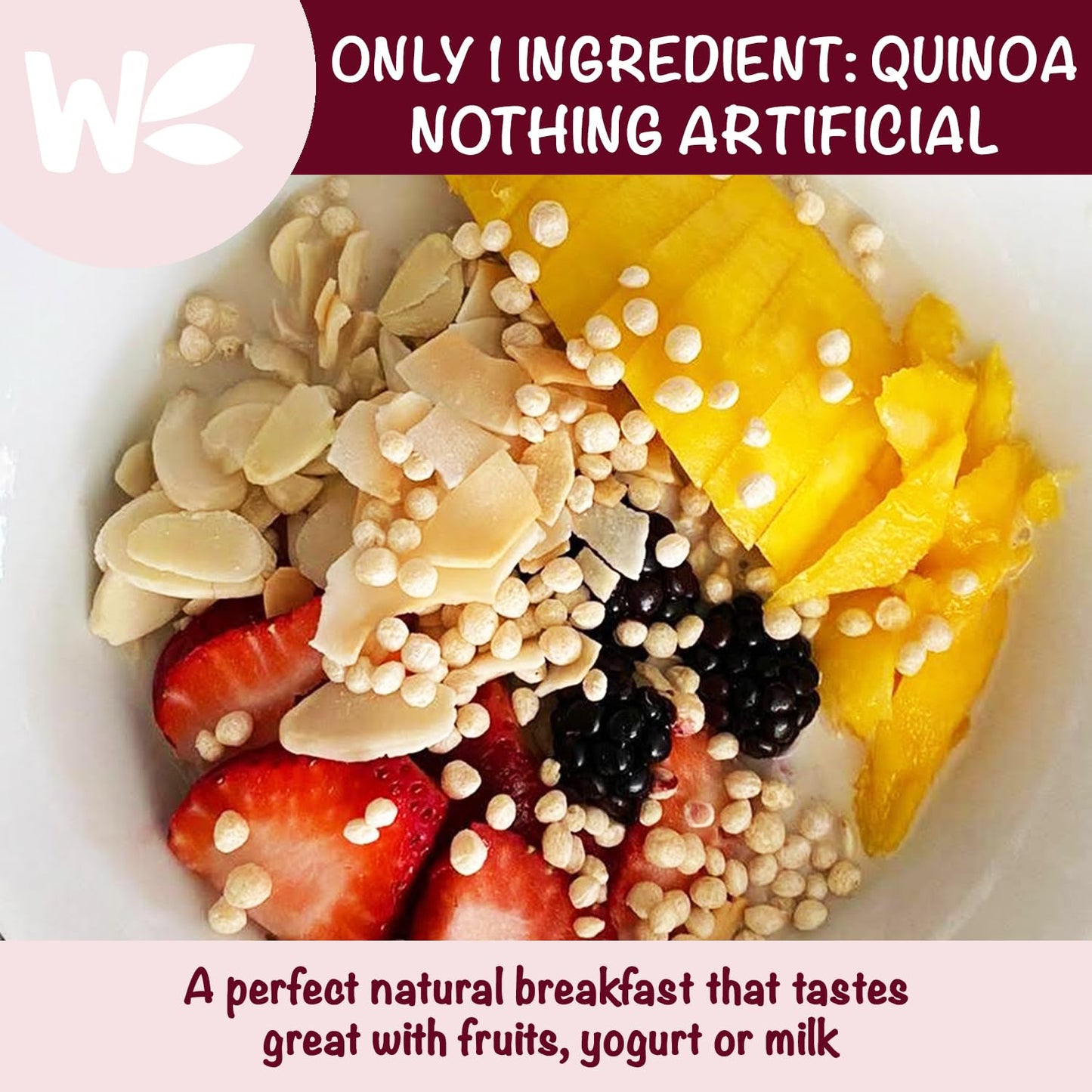 Puffed Quinoa Cereal + Nothing - Vegan - Gluten Free - Non-GMO - [1 LB] Try Quinoa Pops as Snacks - Cereal - Salad Topper for Su