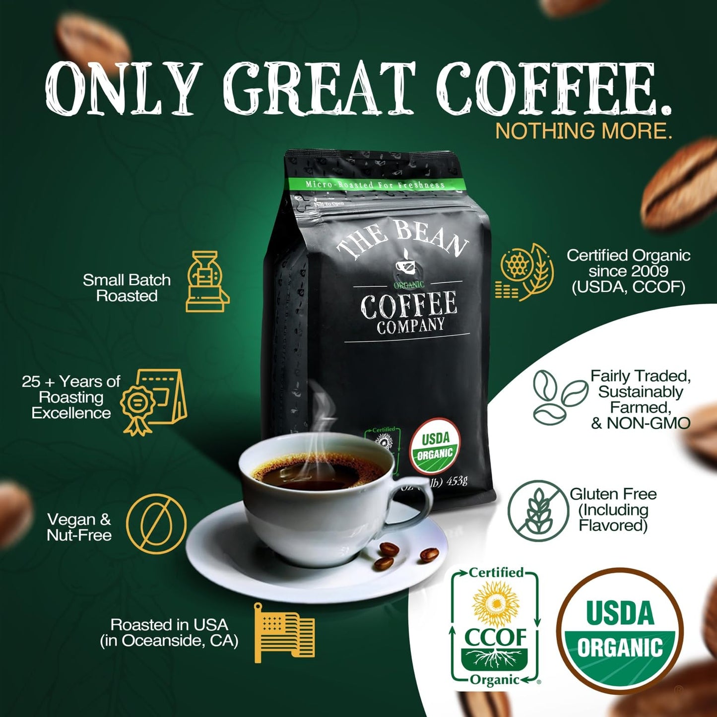 The Bean Organic Coffee Company Breakfast Blend, Medium Dark Roast, Whole Bean Coffee, 16-Ounce Bag