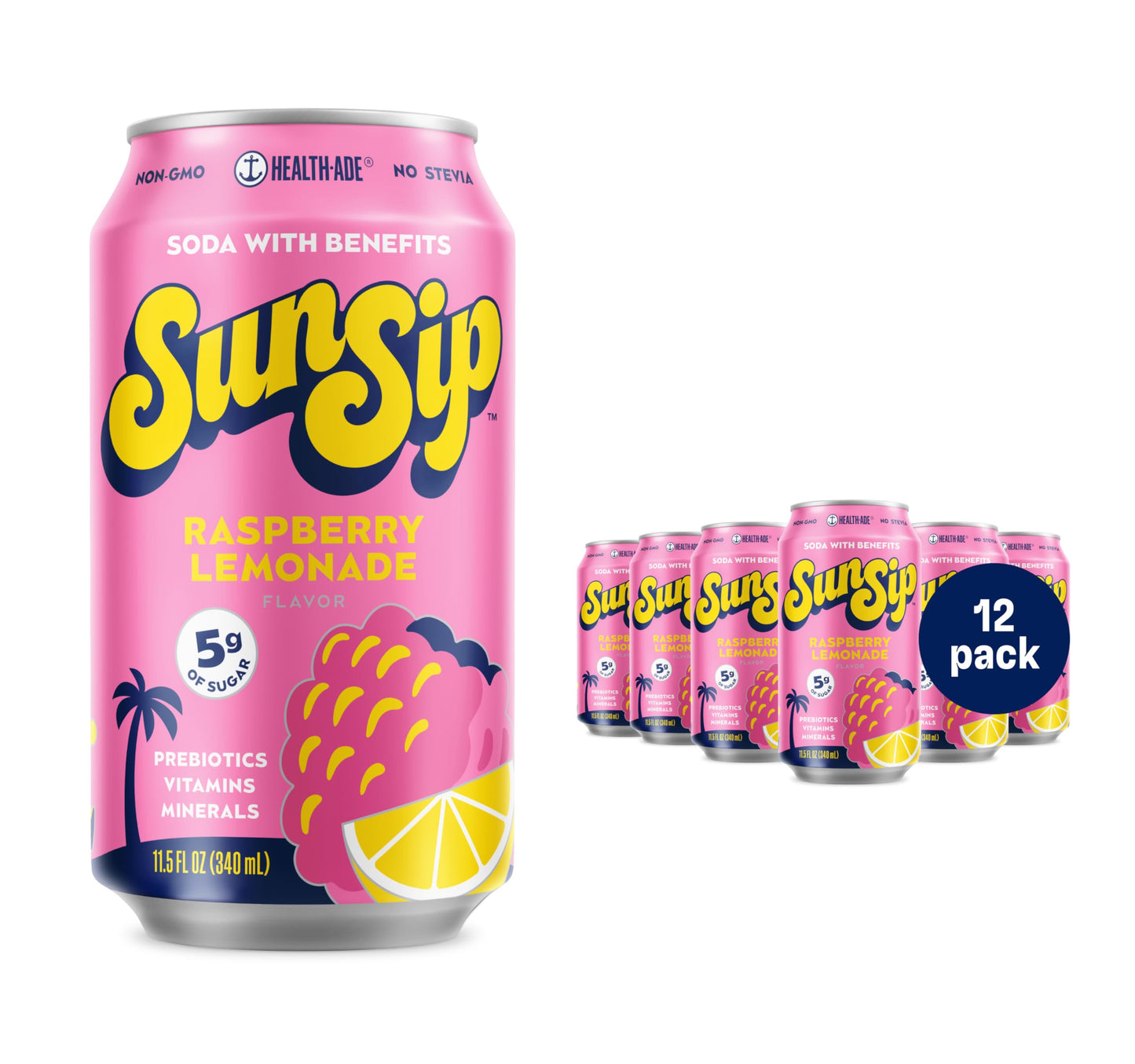 Sunsip Prebiotic Soda With Benefits - Gut-Healthy Beverage With Vitamins And Minerals  25 Calories  Soda Alternative  Naturally Sweetened With 5G Of Sugar  11.5 Oz (12 Pack) Raspberry Lemonade