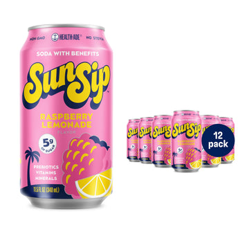 Sunsip Prebiotic Soda With Benefits - Gut-Healthy Beverage With Vitamins And Minerals  25 Calories  Soda Alternative  Naturally Sweetened With 5G Of Sugar  11.5 Oz (12 Pack) Raspberry Lemonade