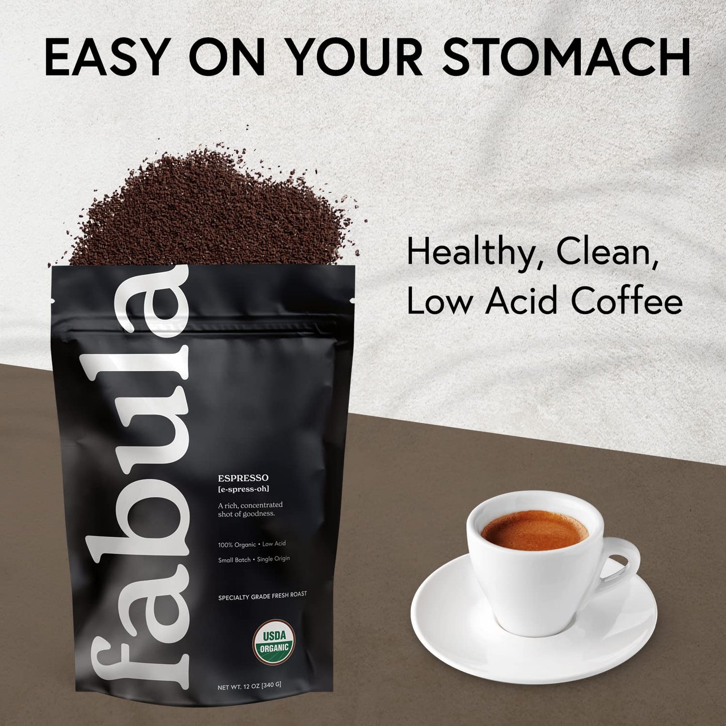 Fabula USDA Organic Espresso Coffee  Freshly Ground Espresso Low Acid Coffee  Non-GMO  No Molds  Mycotoxins Pesticides Free  Single Origin Coffee 12 oz