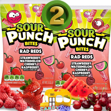 (PACK OF 2) Sour Punch Bites Straws - ALL Red Berries Flavors - Limited Edition Sour Punch Rad Reds - Raspberry, Cherry, Strawbe