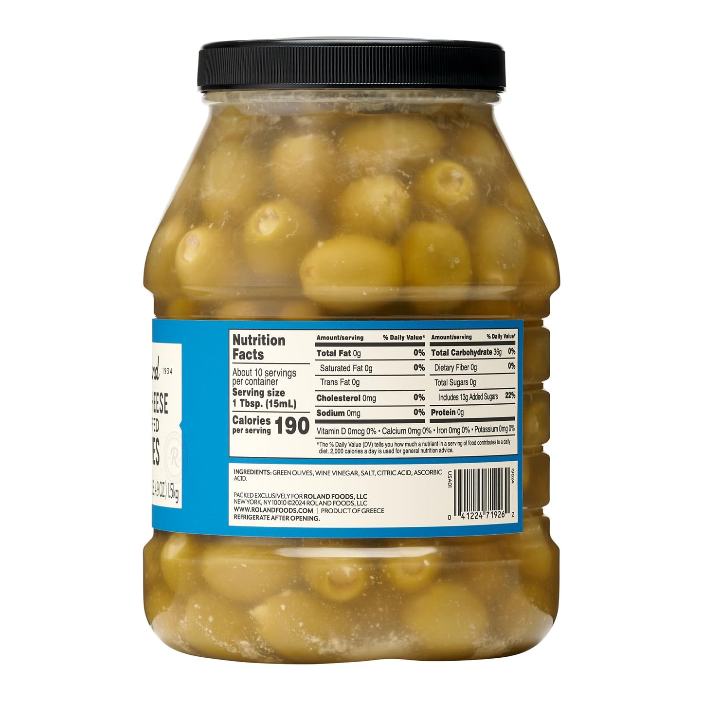 Roland Foods Blue Cheese Stuffed Olives  Specialty Imported Food  52.9 Ounce Jar  Pack of 1