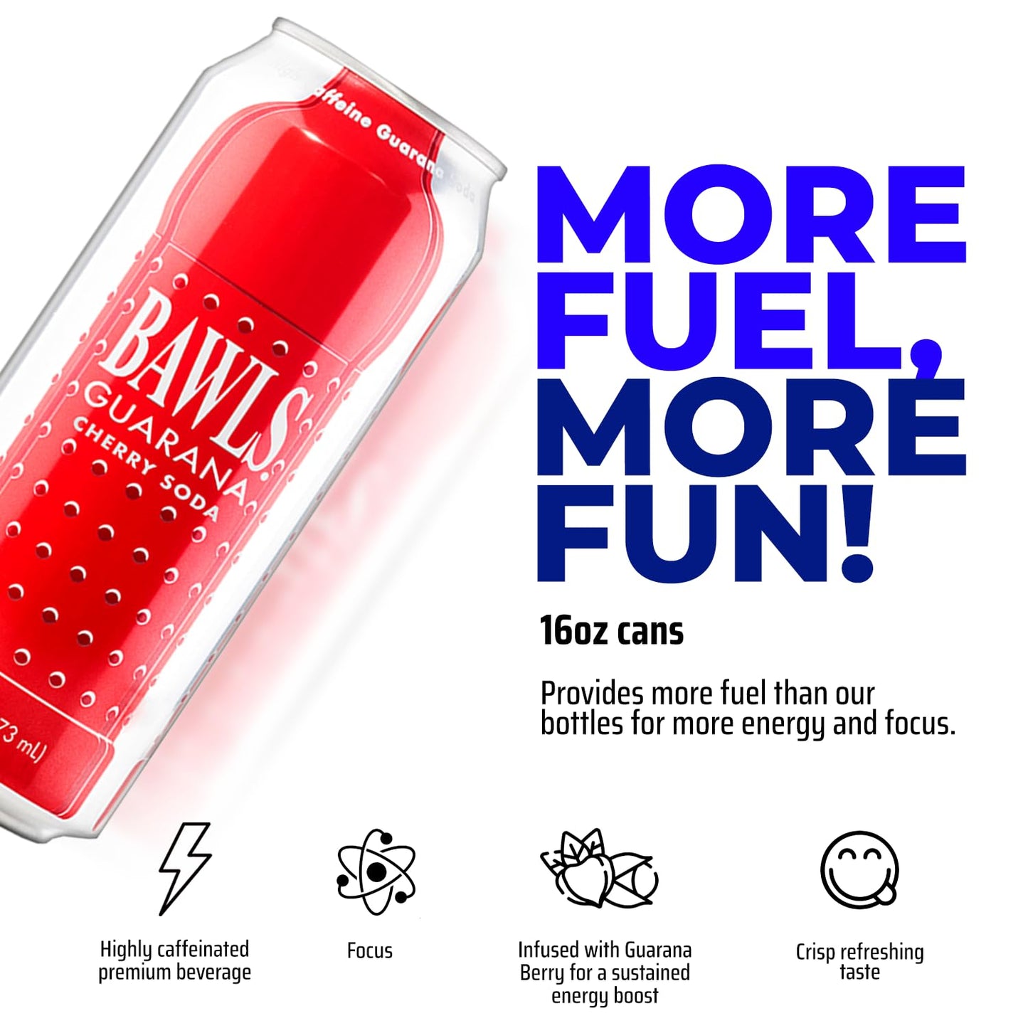 BAWLS Guarana Drink, Cherry Flavor, Caffeinated Soda, 16 Fl Oz, 24 Pack Cans