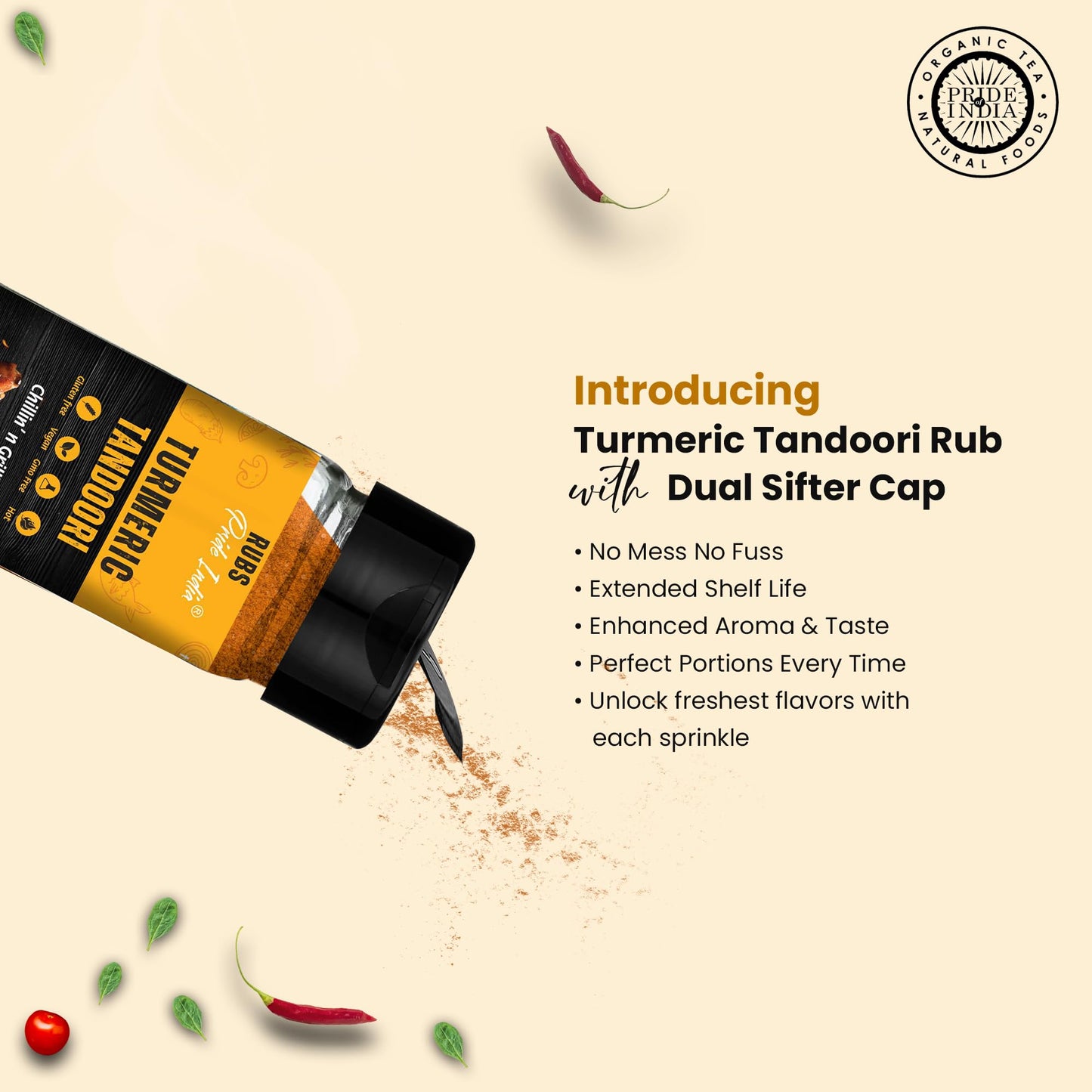 Pride Of India Turmeric Tandoori Rub - Gourmet Spice Blend, Vegan, Gluten-Free, 2.3 oz