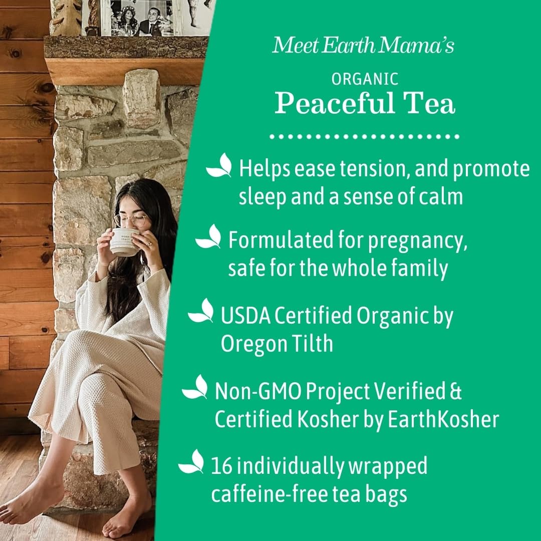 Earth Mama Organic Peaceful Tea - Calming Herbal Blend, 16 Count (Pack of 6)