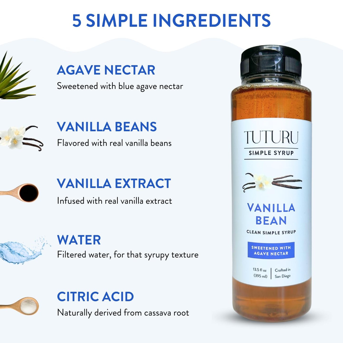 TUTURU Botanical Coffee Vanilla Bean Agave Simple Syrup - 13.5 Fl Oz - Sweetened with Organic Agave Nectar