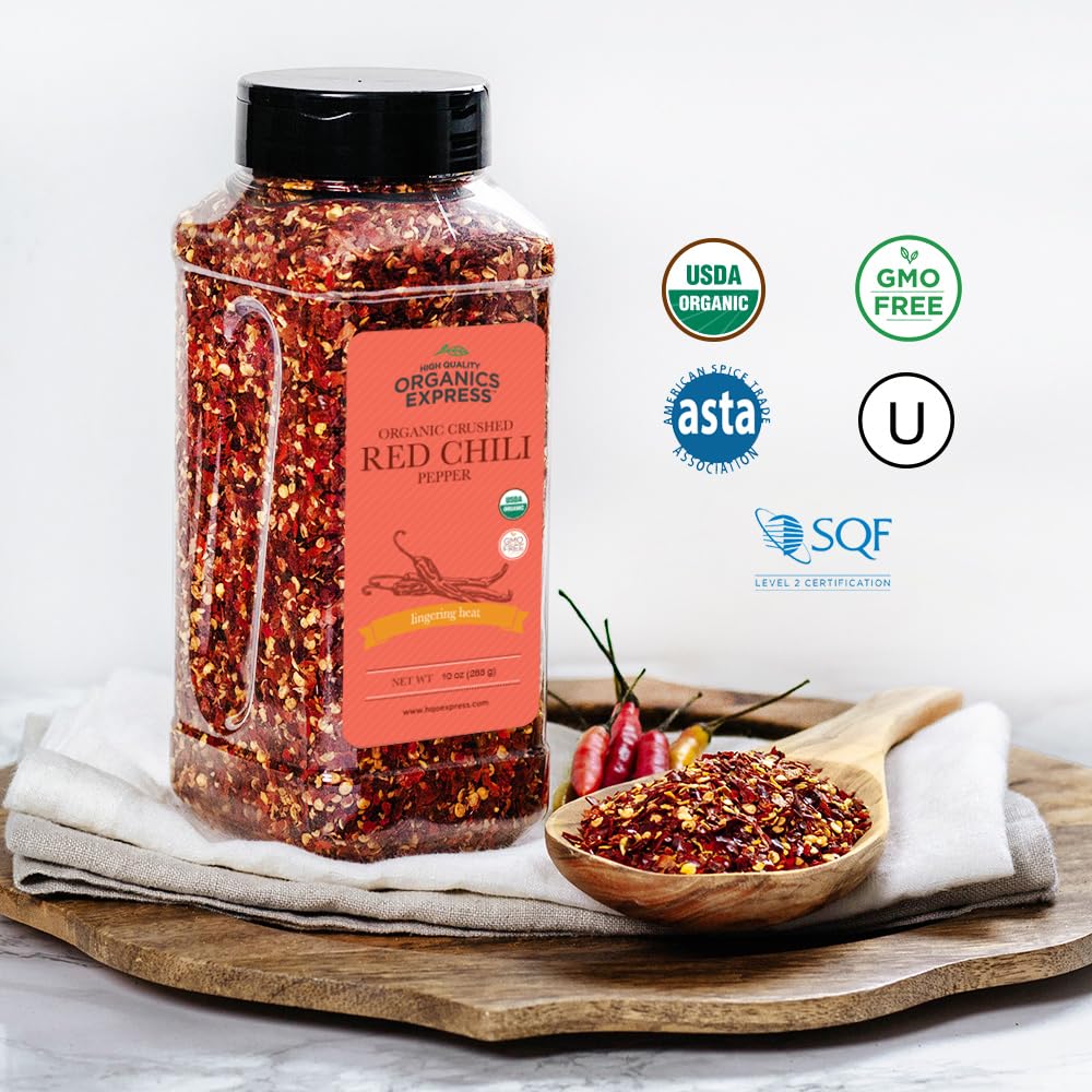HqO Organic Red Chili Pepper Crushed - Non-GMO, Kosher, 10 oz Chef Jar