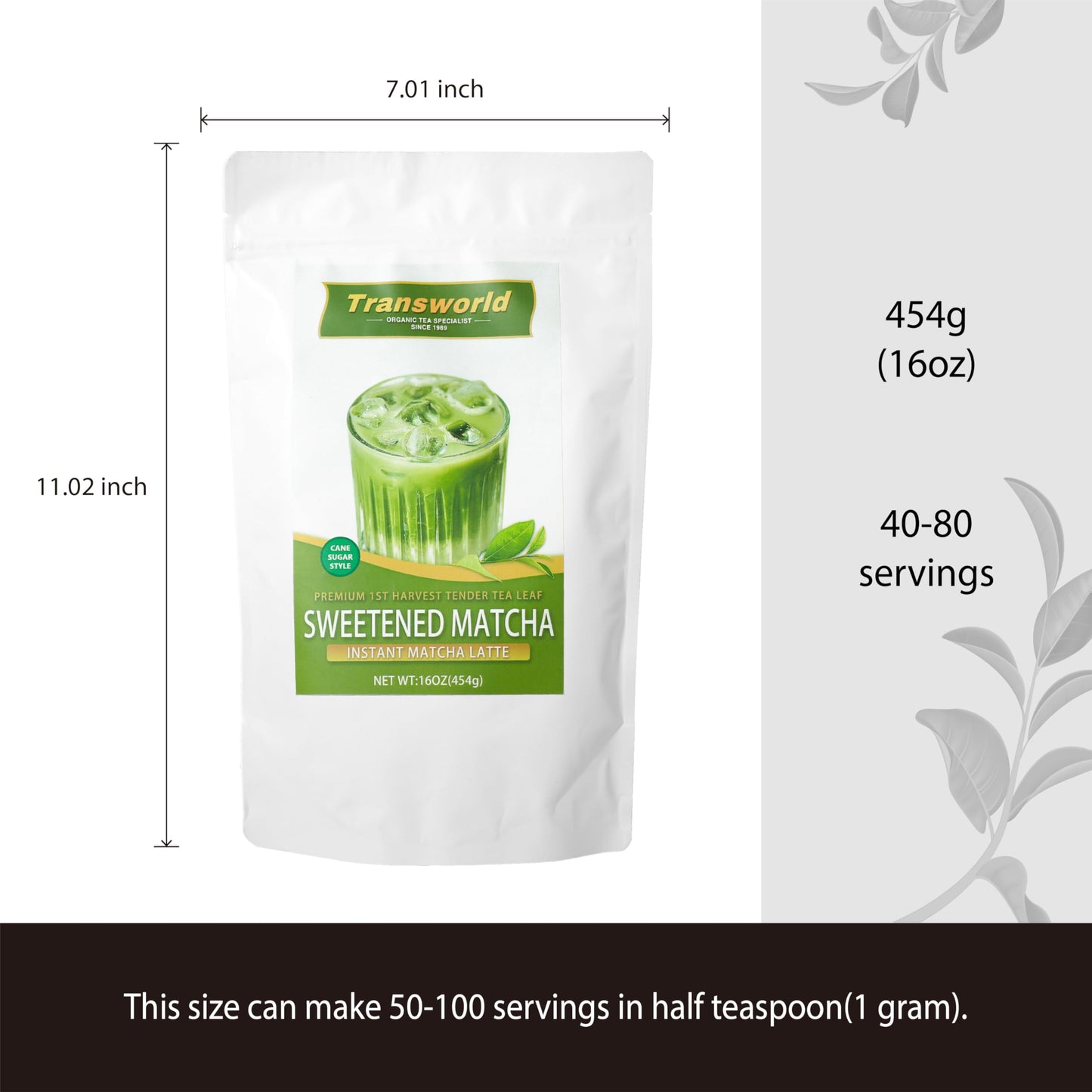 Sweetened Matcha Green Tea Powder Sweet Powder Instant Matcha Latte Blend 100% Pure Premium Matcha For Latte 16Oz(454G) Jiuyu