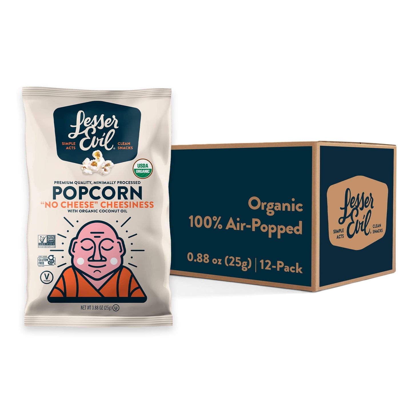 Lesserevil Organic No Cheese Cheesiness Popcorn, 0.88 Oz Pack of 12, White, Premium Quality, Minimally Processed