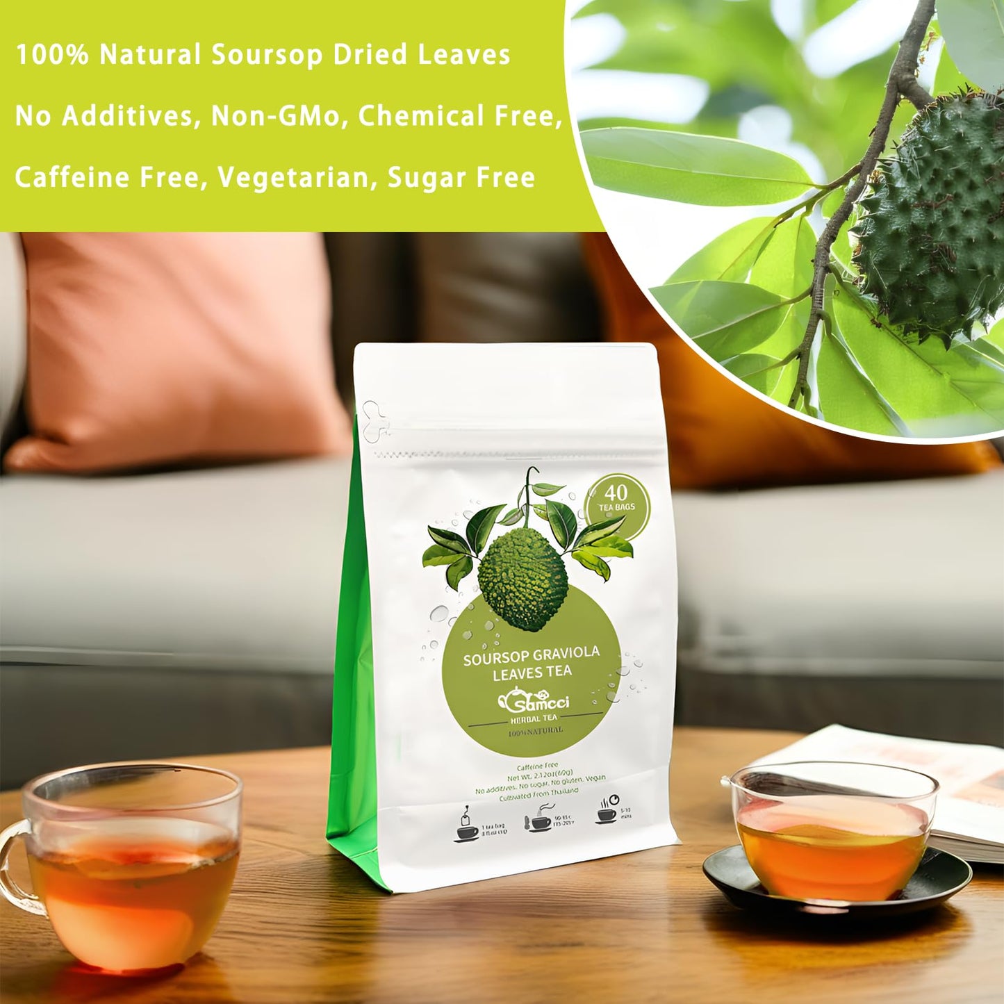 SAMCCI Soursop Leaves Tea Bags - 40 Count, 1.5g/bag, Non-GMO, Caffeine-Free, Pure Graviola Tea for Digestive and Skin Health
