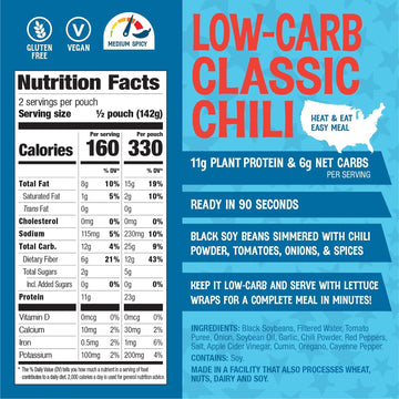 The Good Bean Heat And Eat Pouch - Low-Carb Classic Chili - (4 Pack) 10 Oz Pouch - Simmered Black Soybeans With Chili Powder - Pre-Cooked Beans With Good Source Of Plant Protein And Fiber