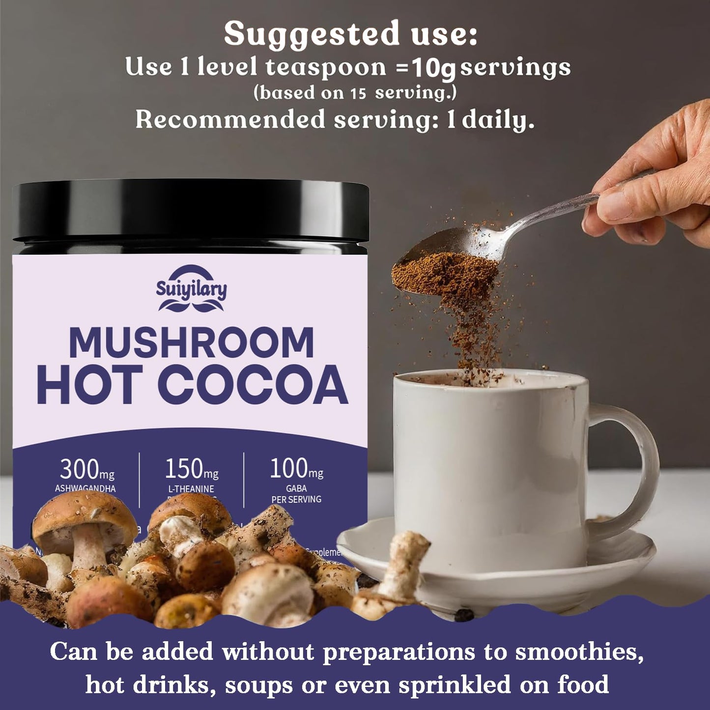 10 Mushroom Hot Cocoa for Sleep, Sugar Free Keto Cocoa Powder, Nighttime Drink,100mg Magnesium Glycinate, 100mg Gaba, 150mg L-Th