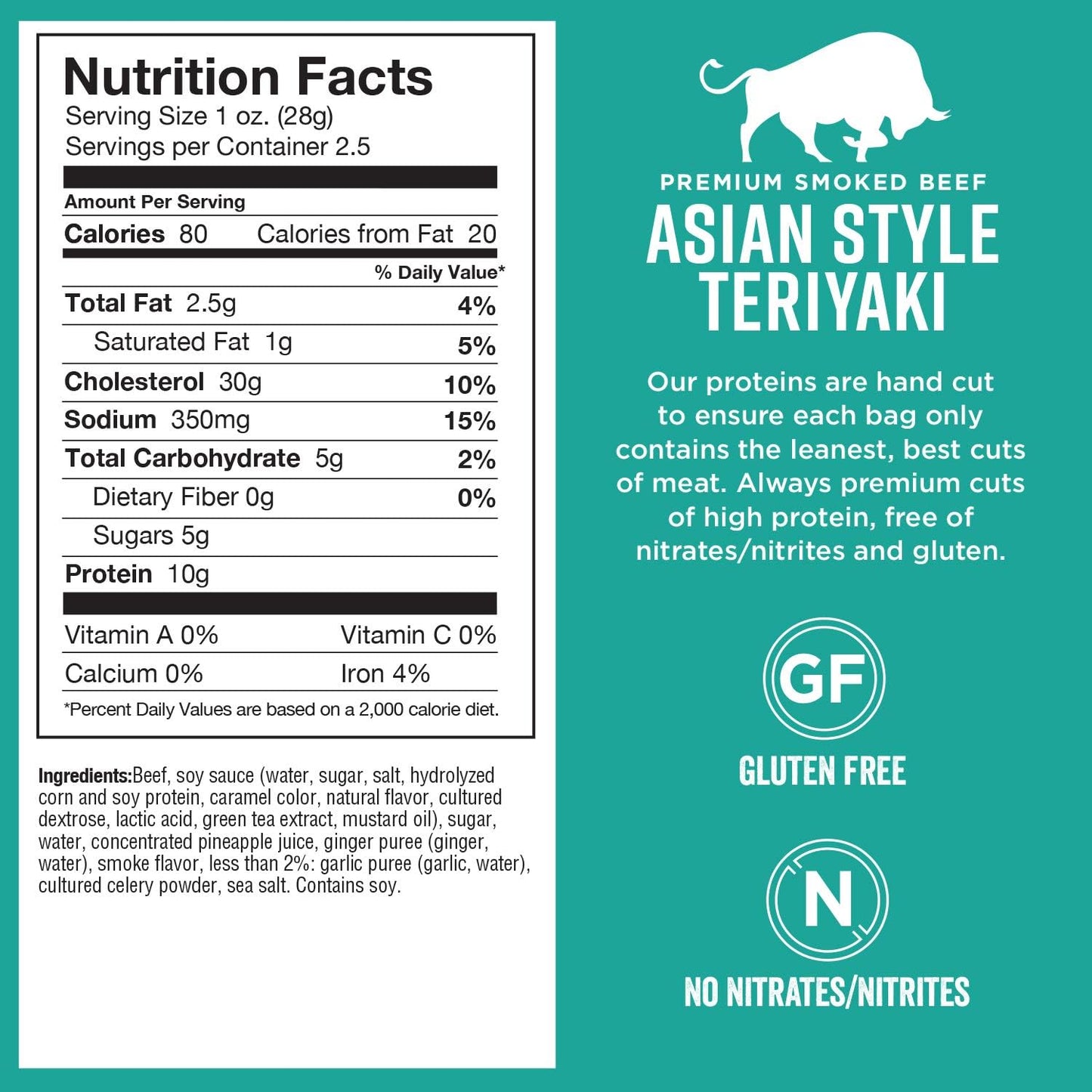 Chefs Cut Beef Jerky, Teriyaki, High Protein Snack, 10g Protein, 80 Calories, Gluten Free, 2.5 Ounce (Pack of 8)