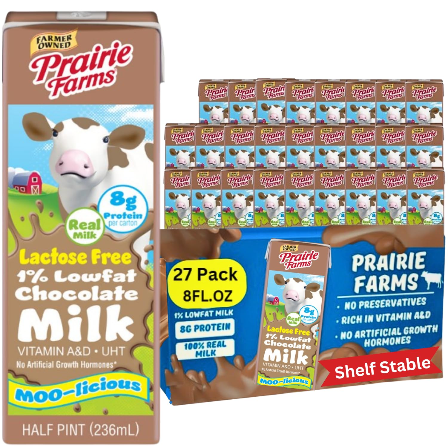 Prairie Farms - Chocolate Lactose Free Milk  Shelf Stable 1% Low Fat Milk Boxes Vitamin D  Gluten Free  Uht  Kosher - 8Oz. (27 Pack) (8 Fl Oz  Chocolate)