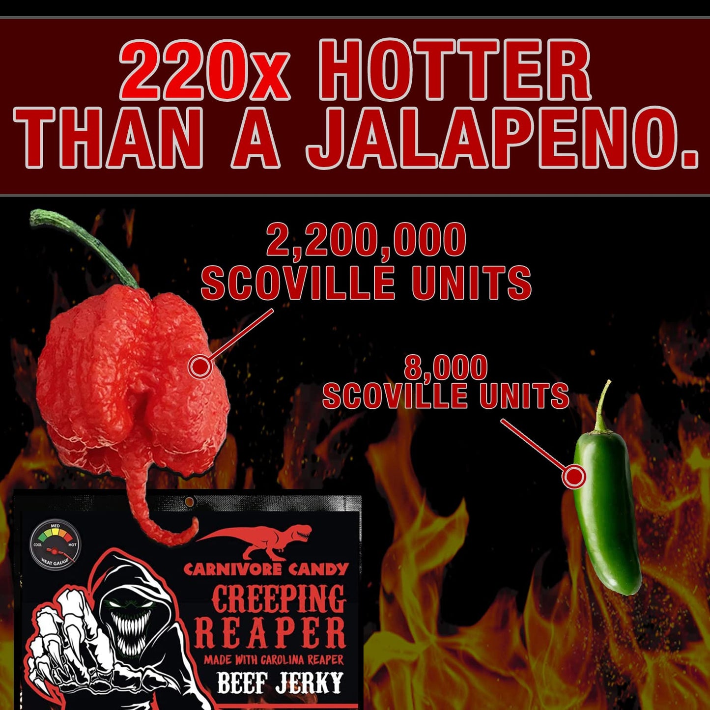 Jurassic Jerkys Creeping Reaper    Carolina Reaper Beef Jerky (1)-3Oz Bag The Reaper Is The Hottest Pepper In The World! Sweet W