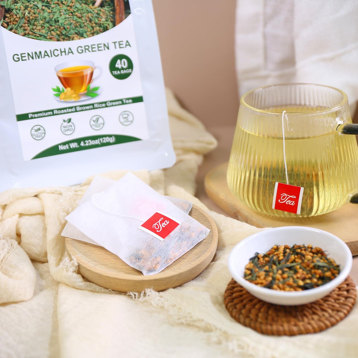 TEARELAE Genmaicha Tea - 40 Count - Green Tea with Roasted Rice - Non-GMO - Low Caffeine