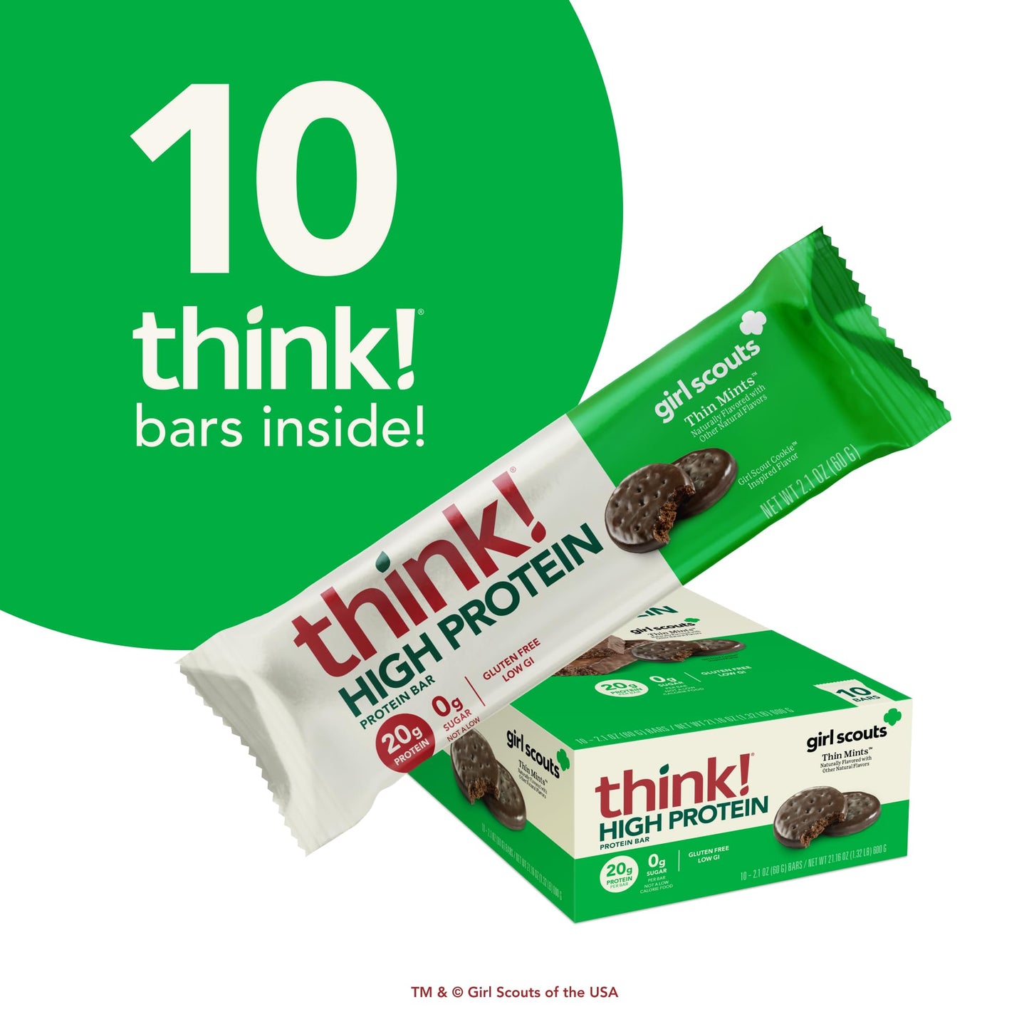 Think! Protein Bars, High Protein Snacks, Gluten Free, Kosher Friendly, Girl Scouts Thin Mint, Nutrition Bars, 2.1 Oz Per Bar, 1