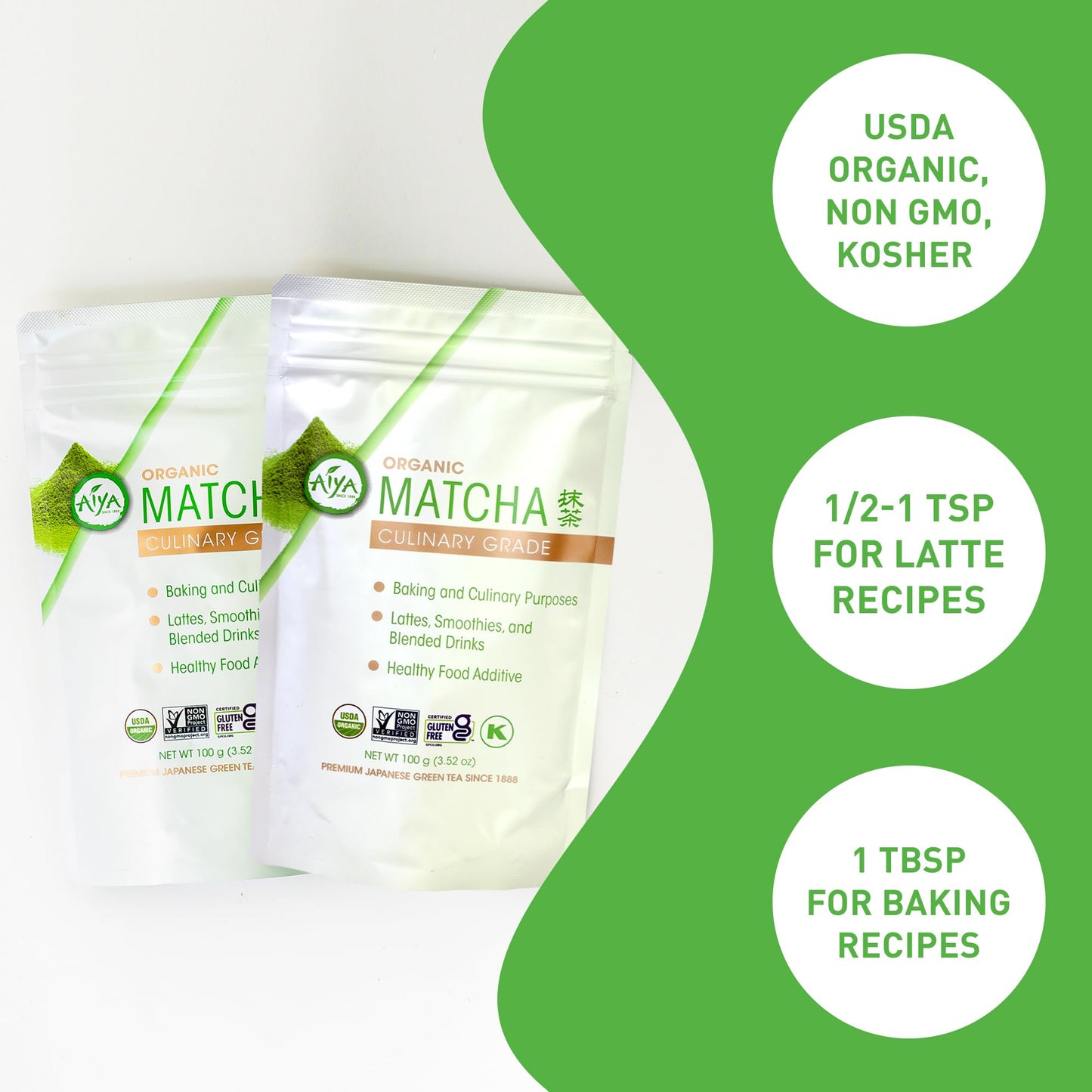 Aiya Certified Usda Japanese Organic Culinary Grade Matcha Green Tea Powder, 100G Bag (3.53 Oz.)