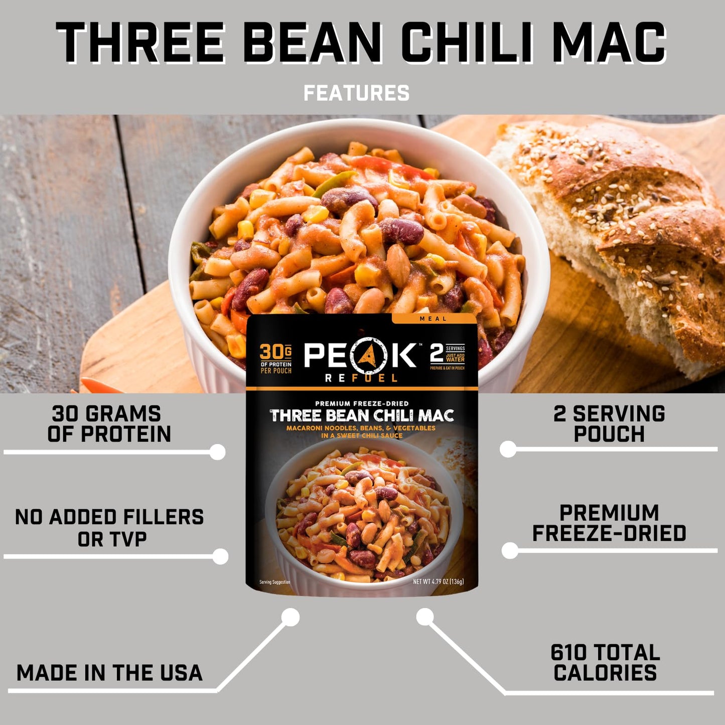 Peak Refuel Three Bean Chili Mac| Enhanced Freeze Dried Camping Food | Backpacking & Hiking Mre Meals | Just Add Water | 100% Real Ingredients | 30G Of Protein | 2 Serving Pouch