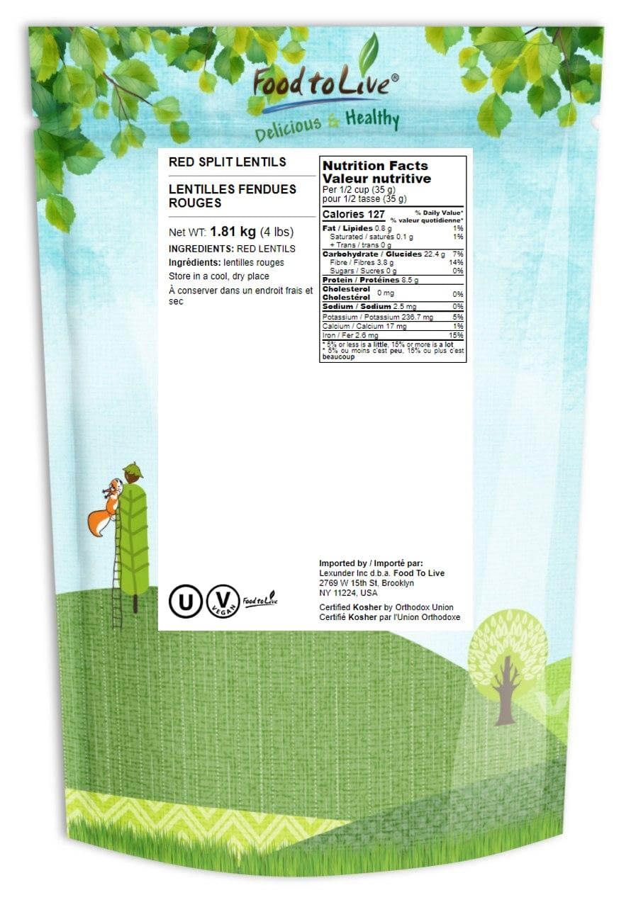 Food To Live Red Split Lentils, 4 Pounds - Masoor Dal, Dried, Vegan, Kosher, Bulk. Easy To Cook. No Soaking Required. Good Sourc