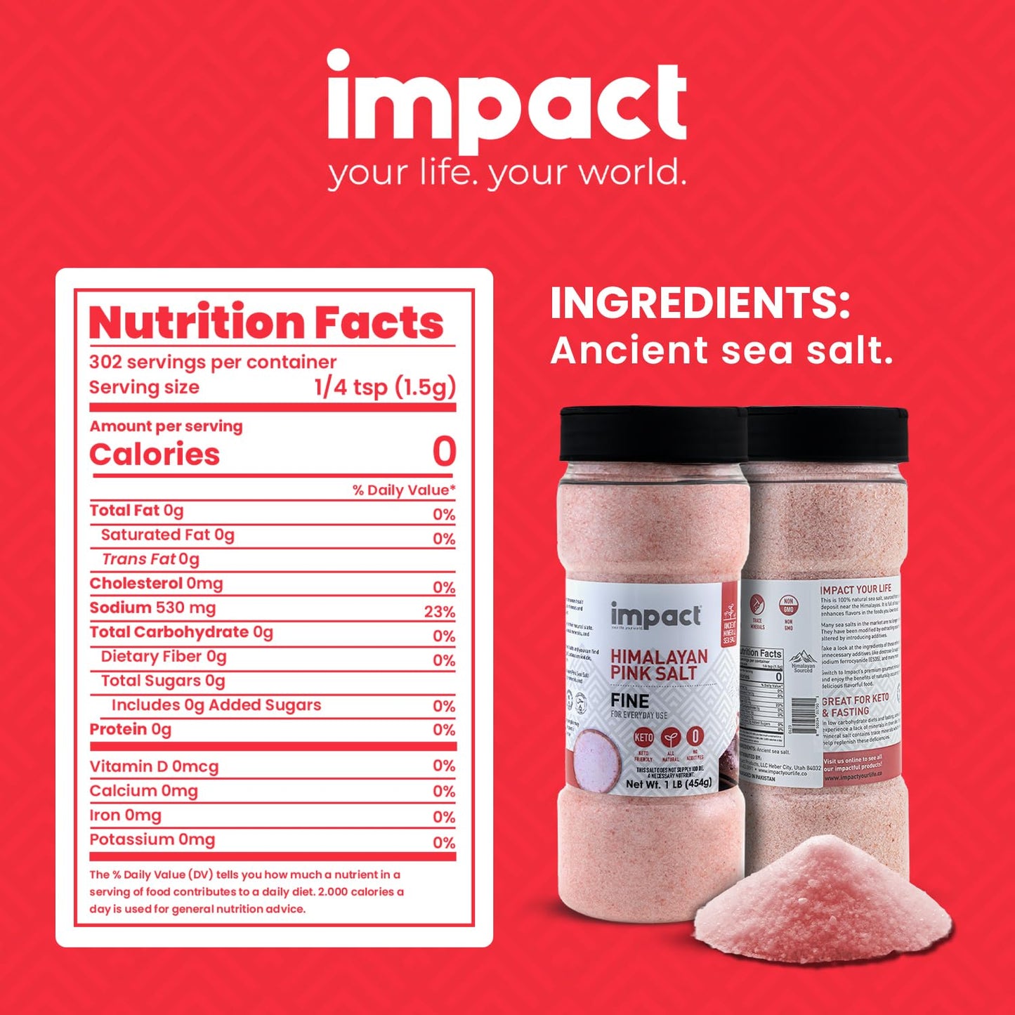 Impact Himalayan Pink Sea Salt Fine, Non-GMO, Gluten-Free, 16 Ounce Shaker