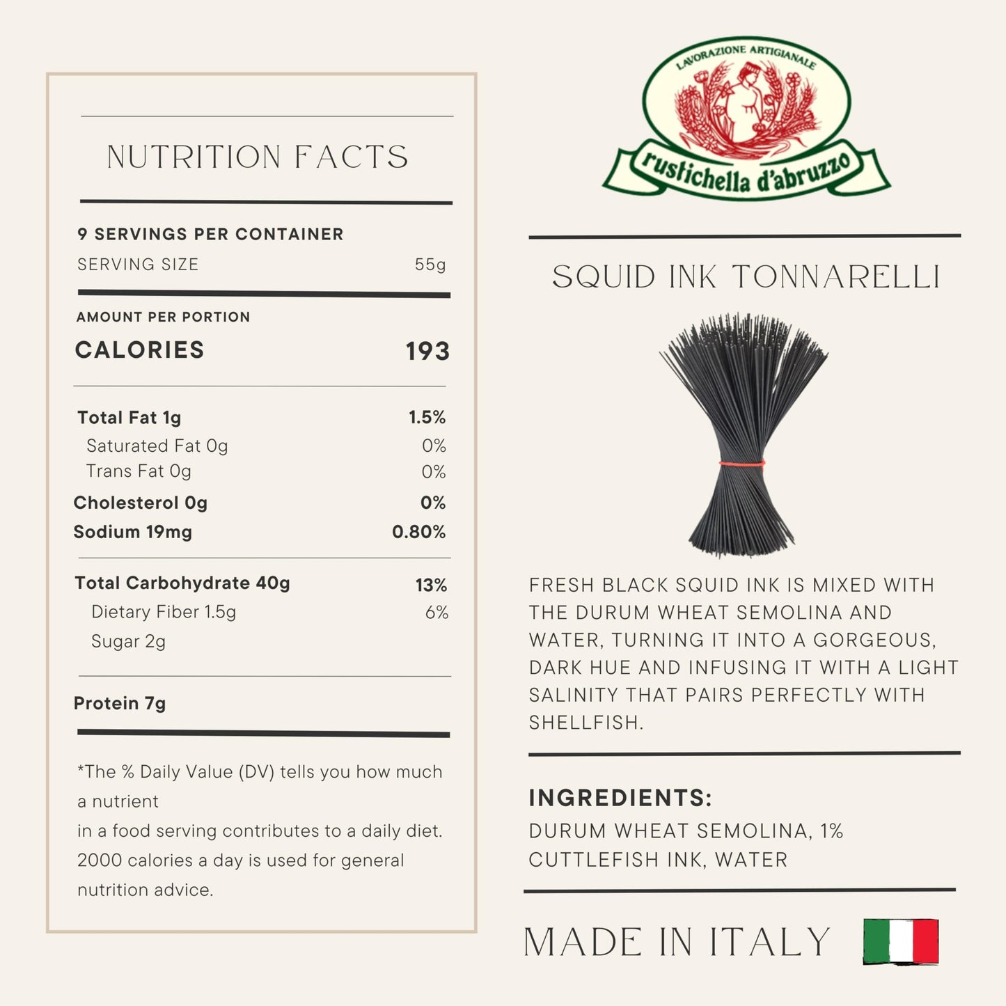 Rustichella Dabruzzo Tonnarelli With Squid Ink - Pack Of 2 500G Each - Long Italian Pasta With Cuttlefish Ink, Ideal For Shellfish, Spicy Fish Sauce & Olive Oil Dishes - Authentic Flavored Pasta From Abruzzo, Italy