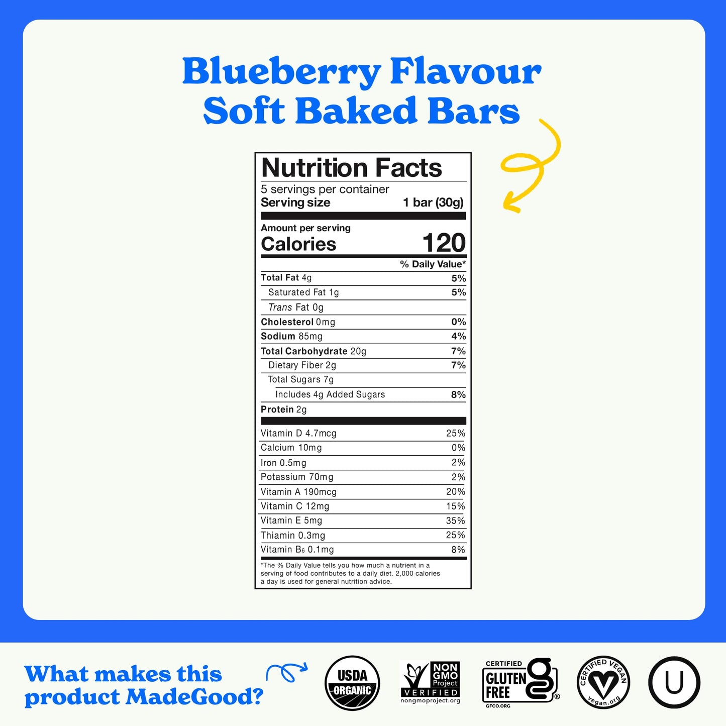 Madegood Mornings Soft Baked Breakfast Bars, Blueberry, 1.06 Oz (30 Count) Gluten Free Snacks