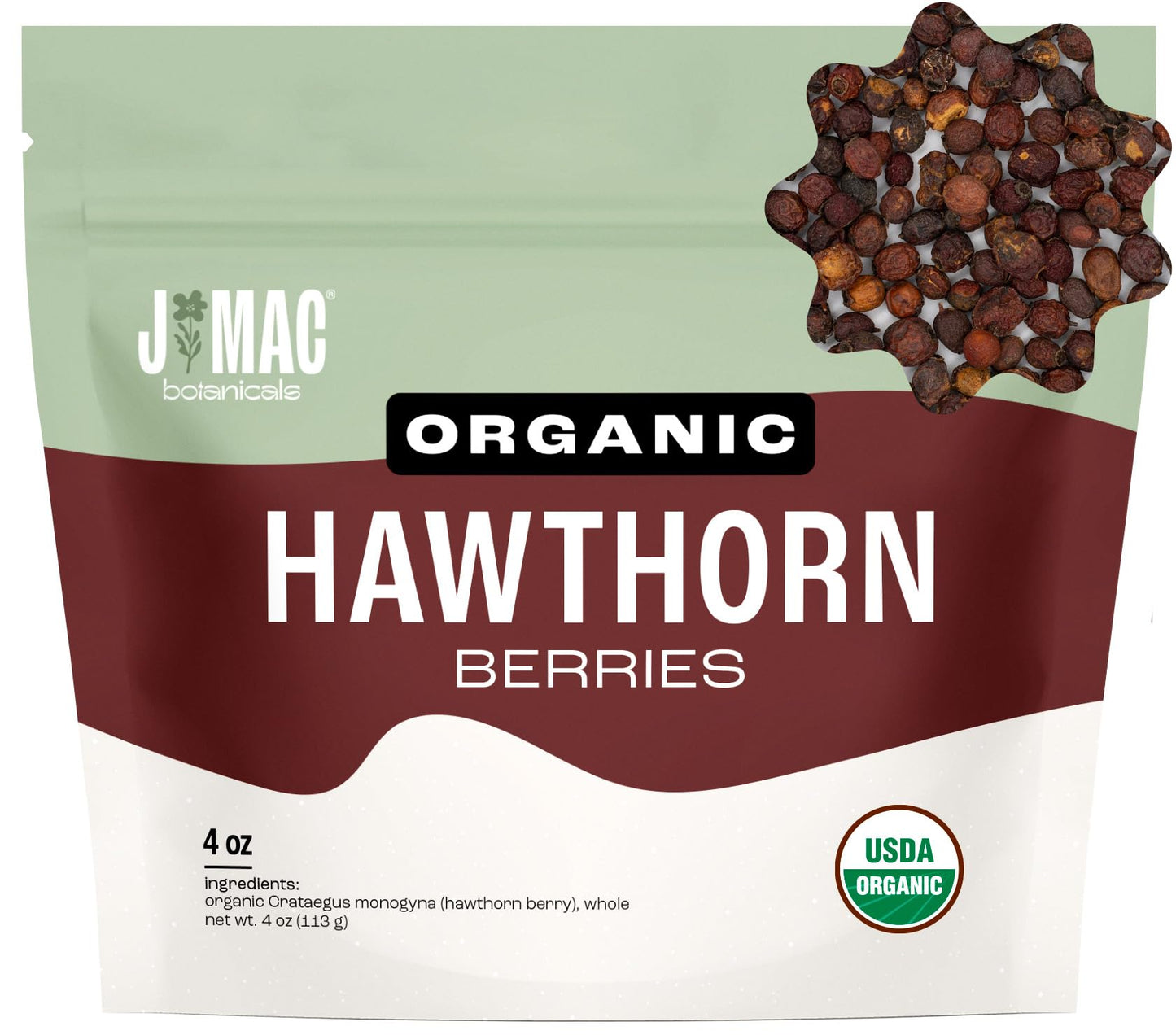 J MAC BOTANICALS Organic Dried Hawthorn Berries, 4 oz Resealable Bag, Whole Hawthorn Berry from Eastern Europe