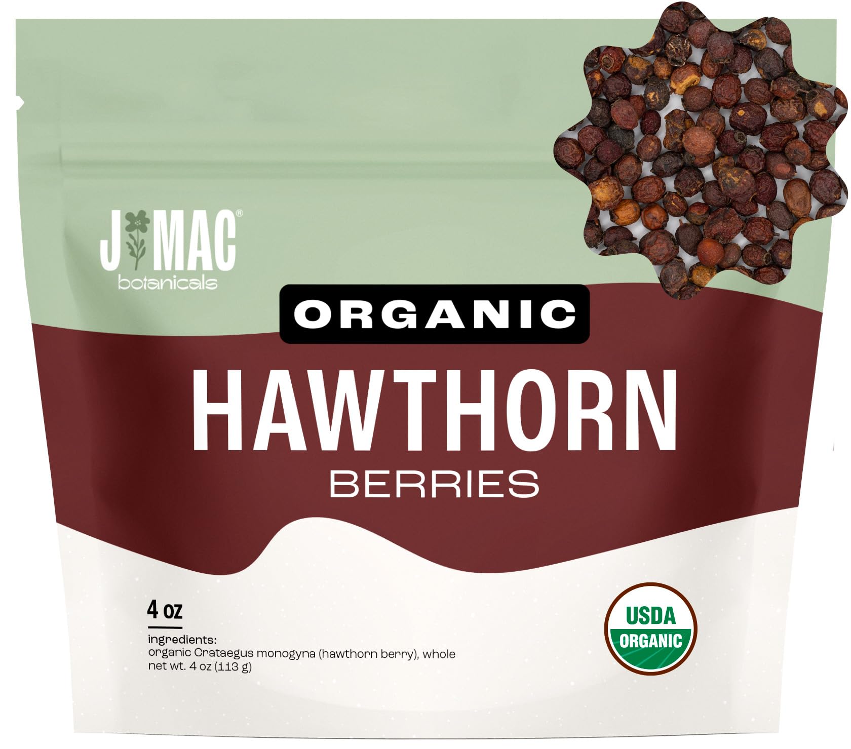 J MAC BOTANICALS Organic Dried Hawthorn Berries, 4 oz Resealable Bag, Whole Hawthorn Berry from Eastern Europe