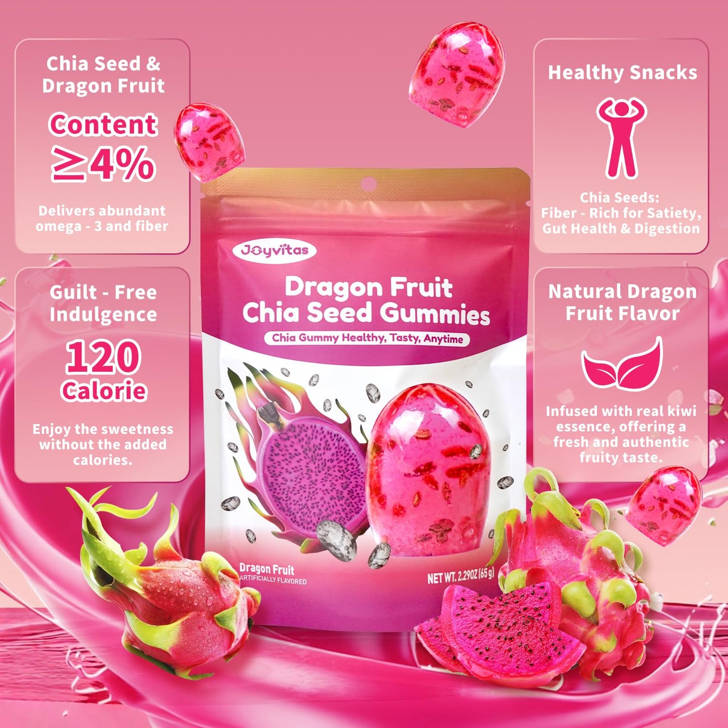 Chia Seed Gummy Candy - Red Dragon Fruit 4D Gummies, Christmas Candy Individually Wrapped, Perfect Stocking Stuffers & Christmas