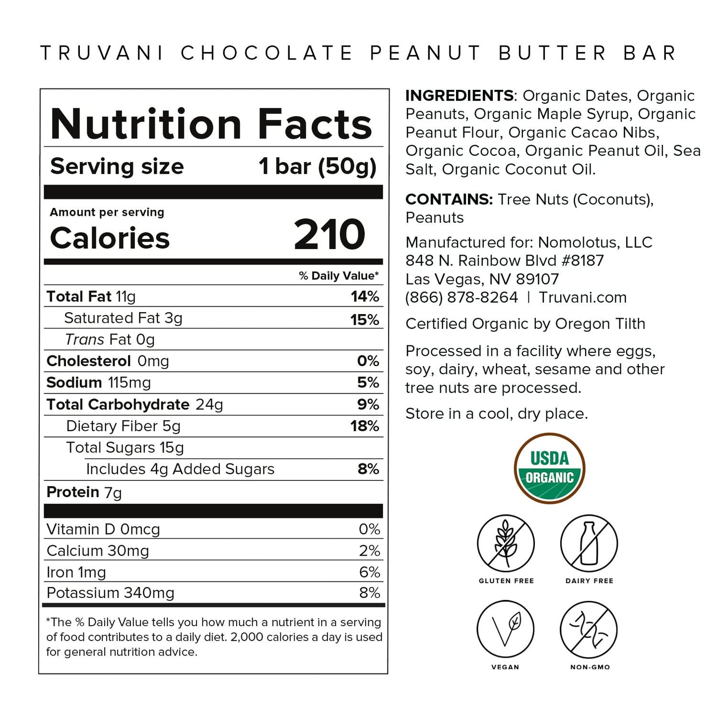 Truvani Plant Based Snack Bar | Chocolate Peanut Butter Single Bar | 7G Protein | Usda Organic And Vegan | The Only Bar | Dairy,