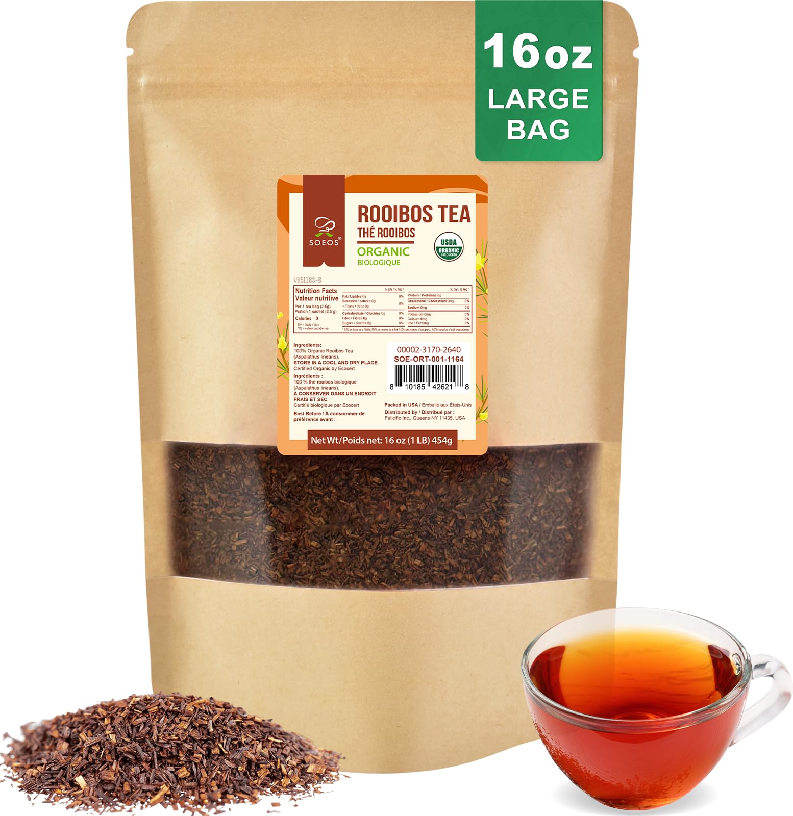 Soeos Organic Red Rooibos Loose Leaf Tea  16 Ounce (1Lb)  Naturally Energy Blend-Free Herbal Tea  Usda And Non-Gmo Certified  Gluten Free  Keto Friendly  Rich Aroma & Smooth Flavor  South African Grown  Perfect For Hot Or Iced Tea