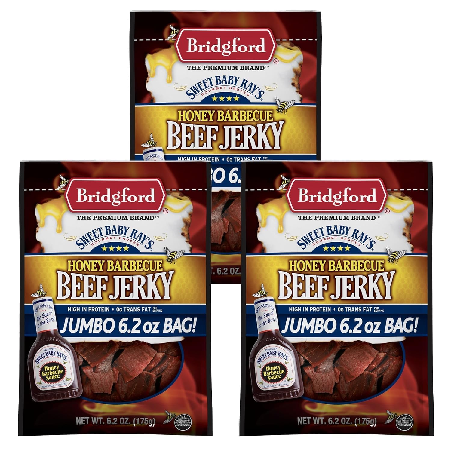 Bridgford Beef Jerky Honey BBQ, High Protein, 6.2 oz Pack of 3, Naturally Smoked Meat Snacks for On-the-Go Snacking