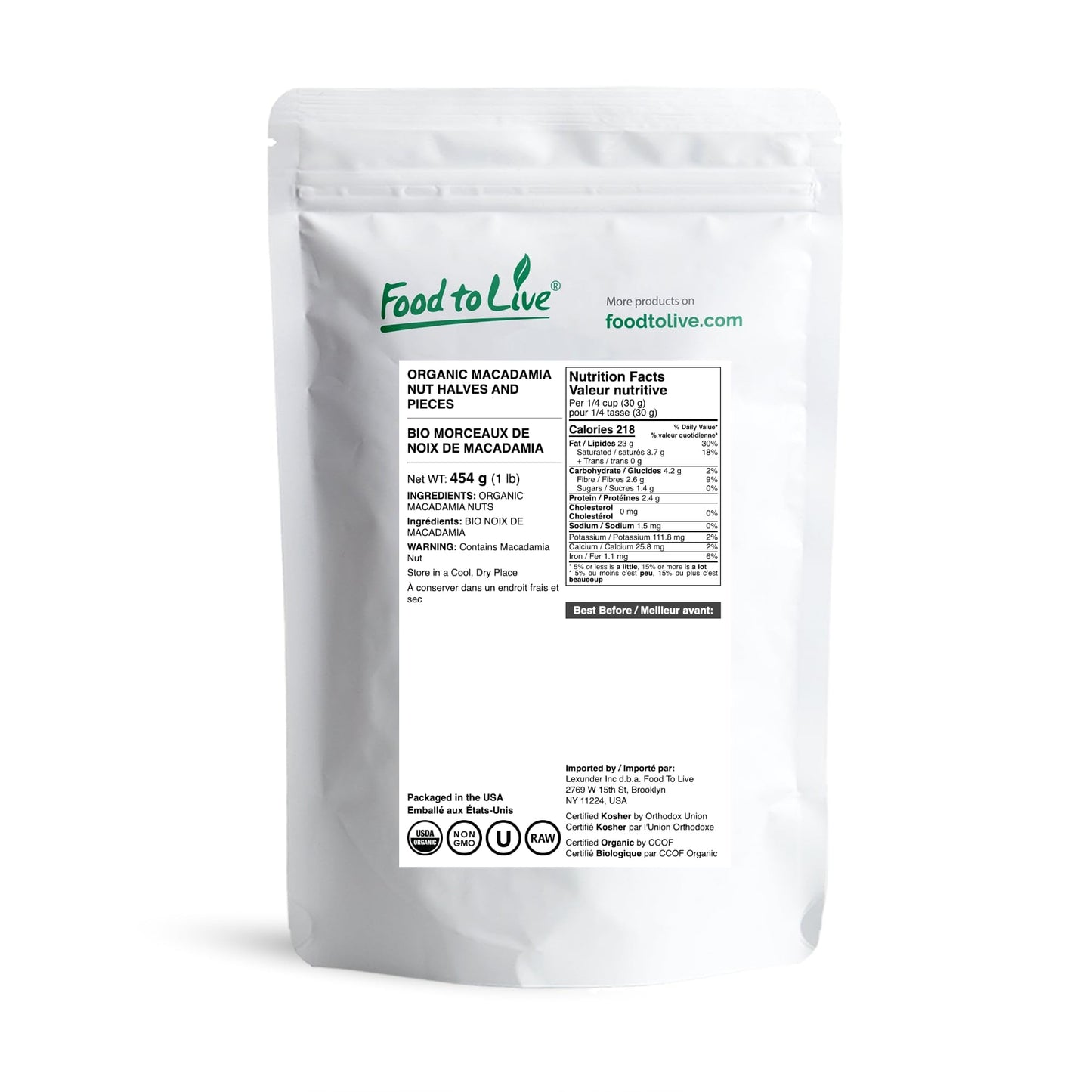 Food to Live Organic Macadamia Nut Halves & Pieces, 1 Pound - Non-GMO, Raw, Shelled, Unsalted, Kosher, Vegan, Bulk. Keto Snack.