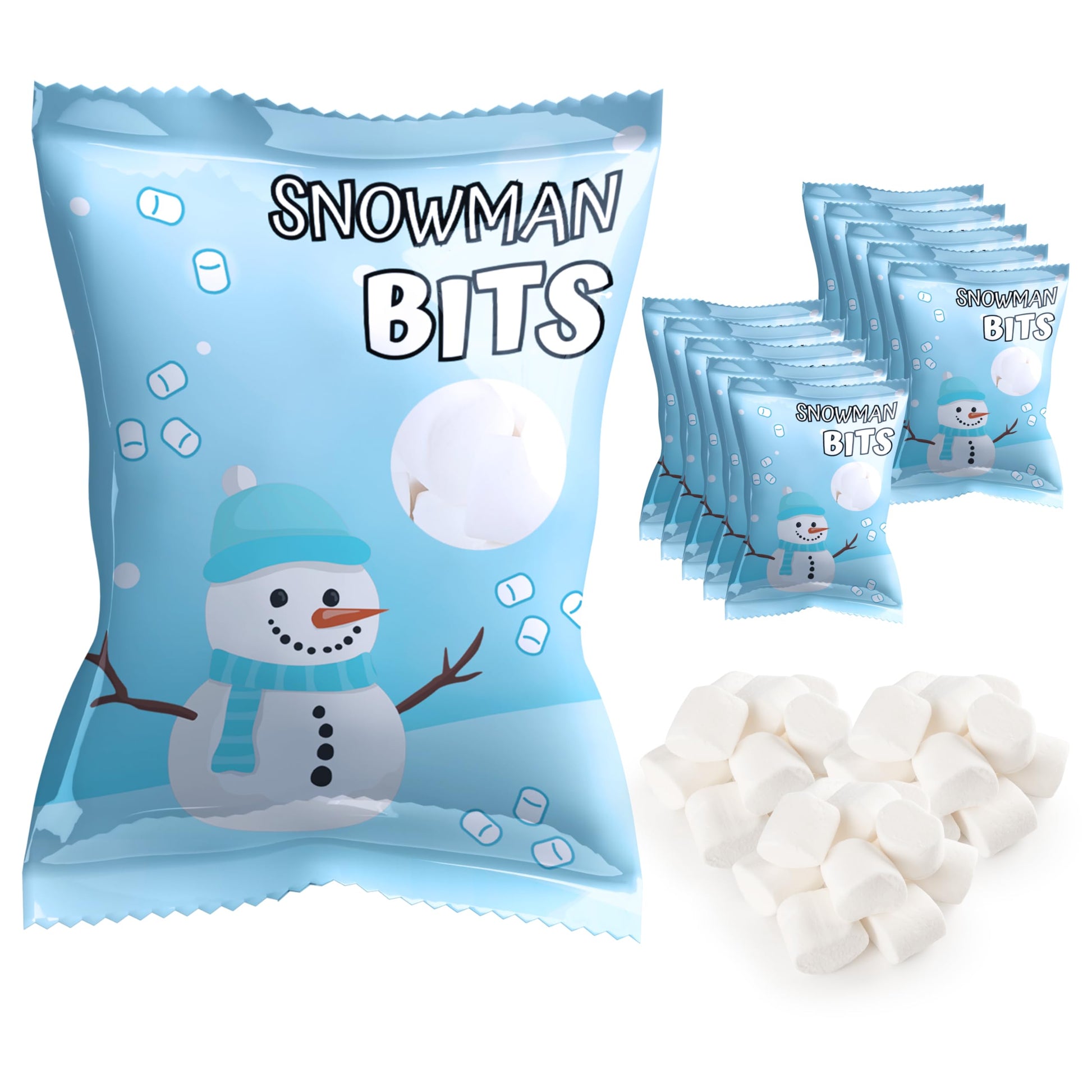 4Es Novelty 50 Packs Snowman Bits Mini Marshmallow Packets  Vanilla Flavored  14 Marshmallows in Each Bag  Bulk Individually Wrapped Christmas Marshmallows For Hot Chocolate Bar Supplies Party 