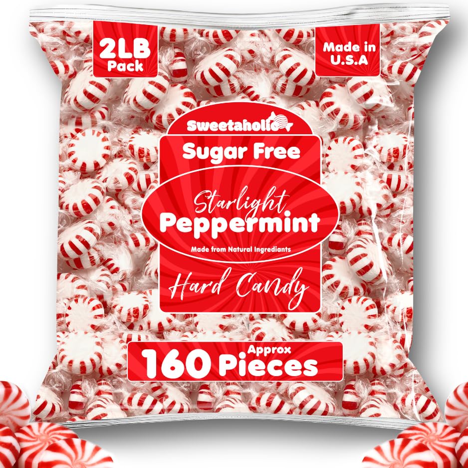 Sweetaholic Sugar Free Starlight Peppermint Candy | 2 Pound (160 Pcs Approx) | MADE IN USA | Individually Wrapped | Bulk Hard Ca