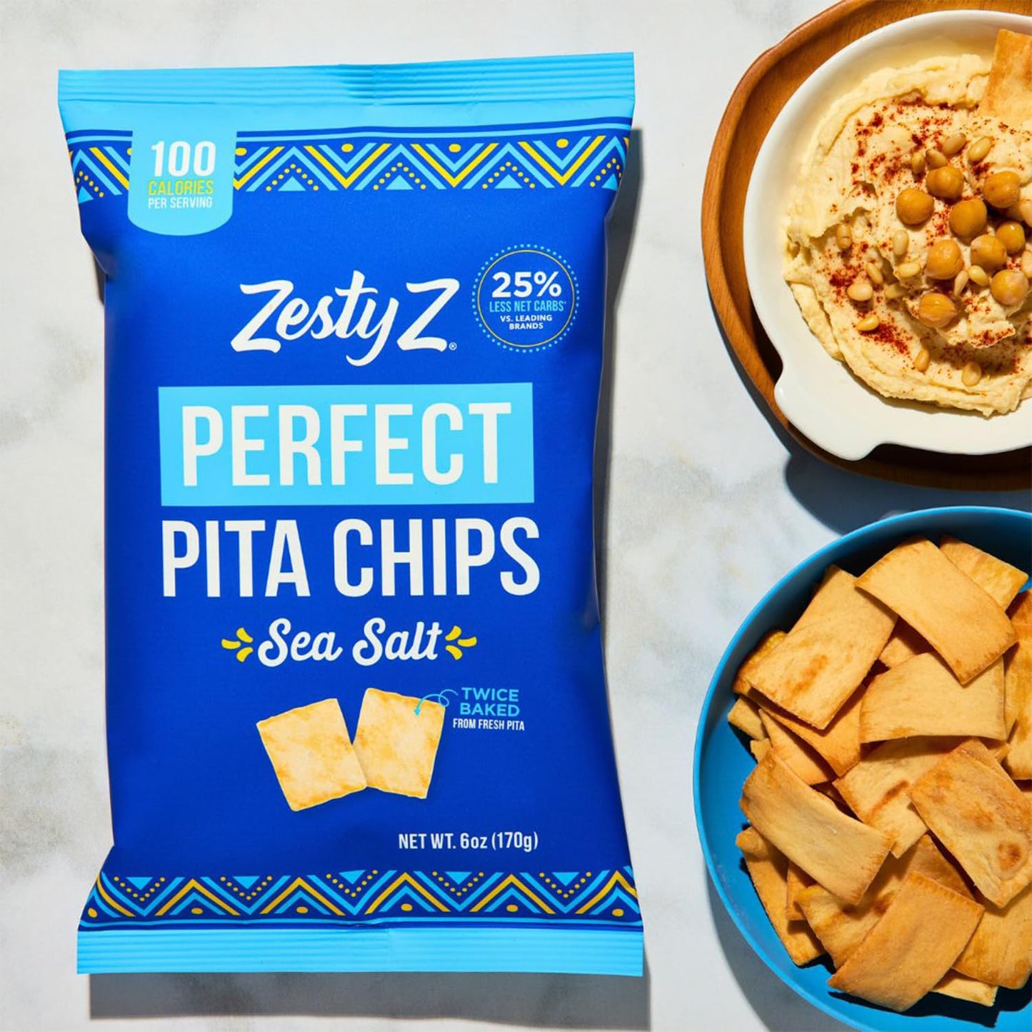 Zesty Z - High Fiber Pita Chip - Snacks, Lower In Carbs - Healthy Snacks - Vegan - Great For Hummus, Guacamole, & Dips. Sea Salt