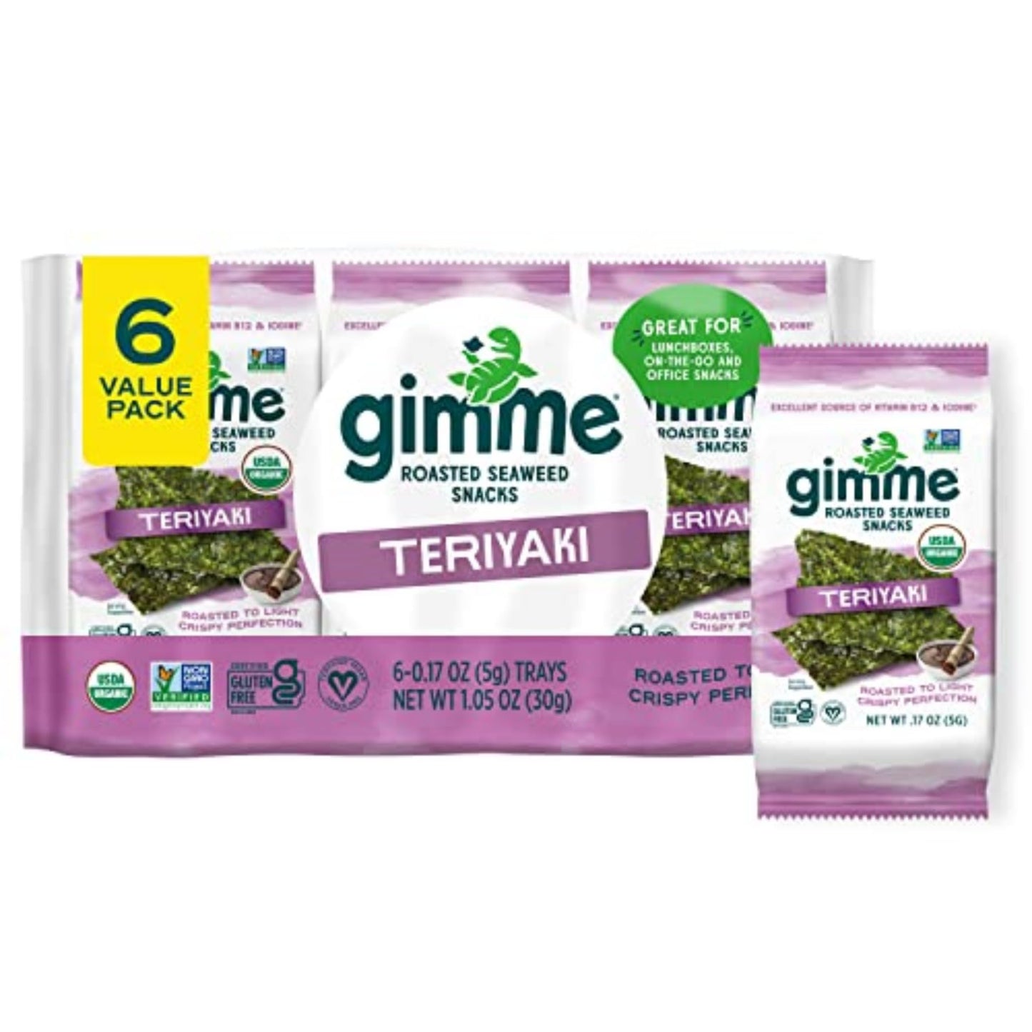 gimMe Organic Roasted Seaweed Snacks, Teriyaki, Keto, Vegan, Gluten-Free, 6 Count, Model 532DD