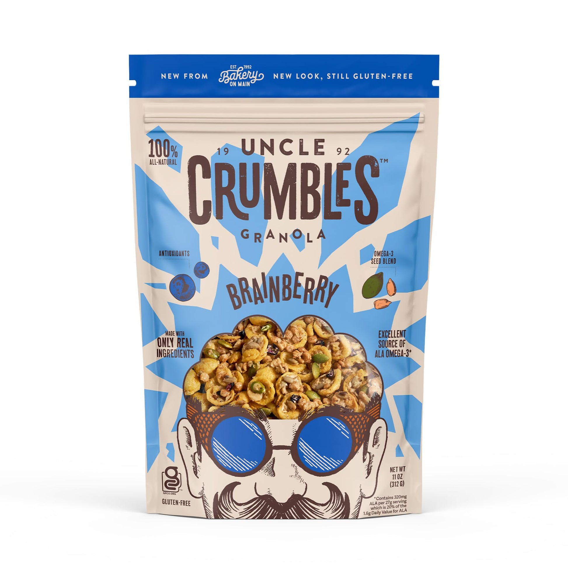 Uncle Crumbles Brainberry Granola, Gluten-Free, Non-GMO Project Verified, Kosher, 16g of Whole Grains Per Serving, Blueberry, 11