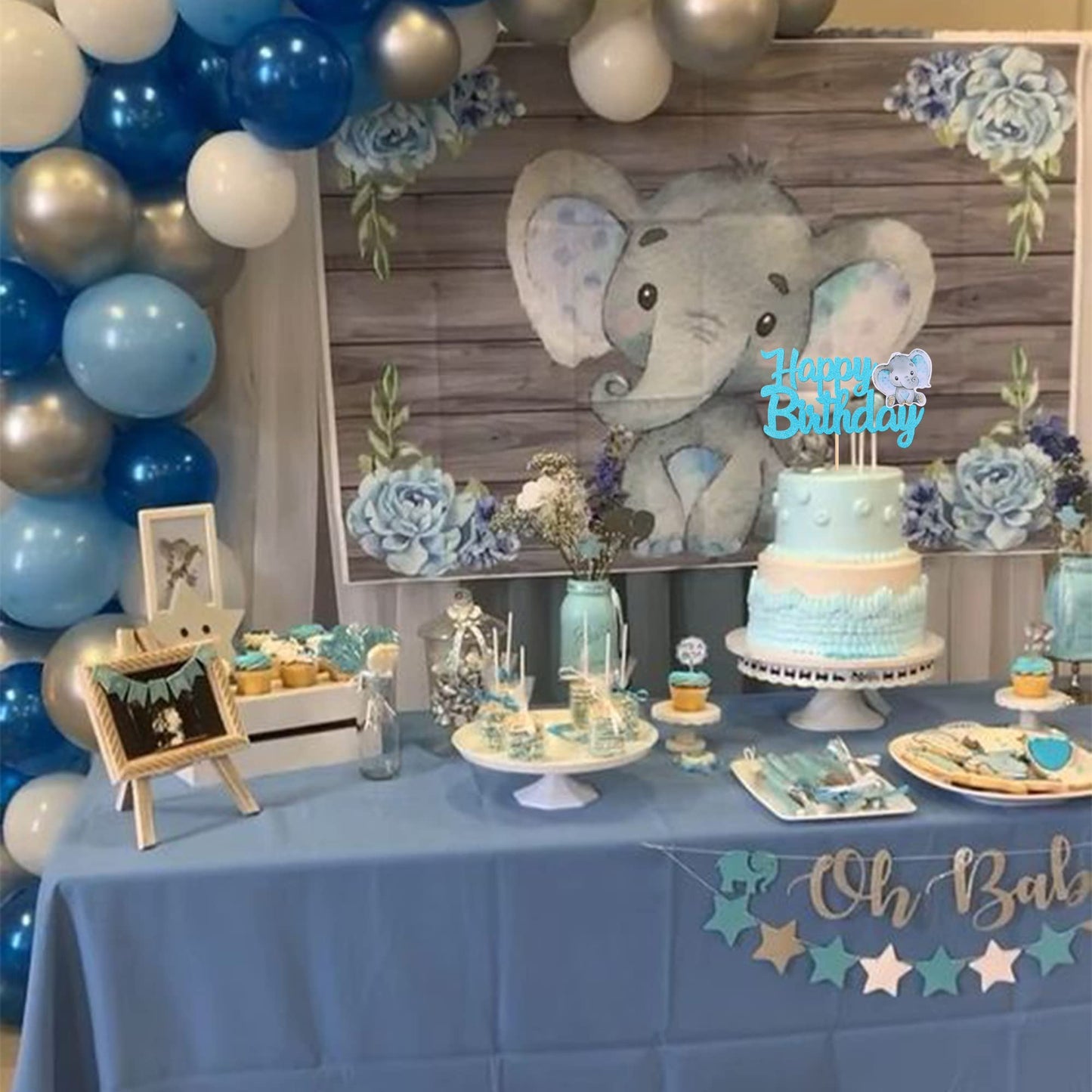 1 Pcs Blue Elephant Happy Birthday Cake Topper Glitter Jungle Animal Elephant Birthday Cake Pick Decorations For Elephant Theme