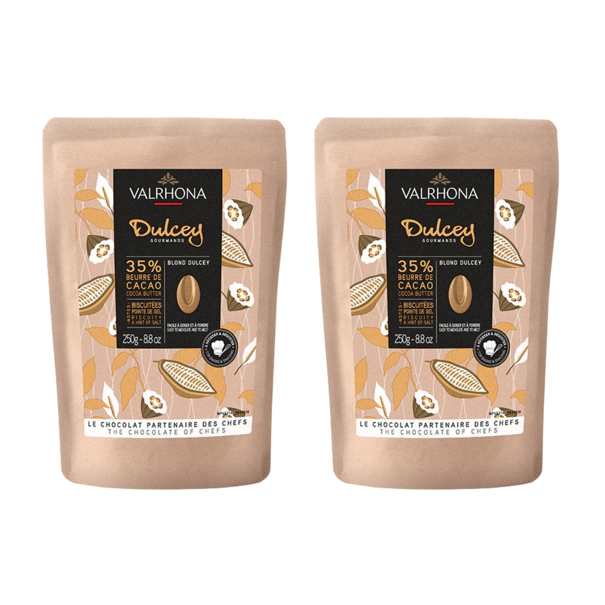 Valrhona Top-Grade French Baking Blonde Chocolate Discs (Feves). Dulcey 35% Cacao. Creamy  Caramel Cookie Flavor Notes. Easy Melt & Tempering. Creamy  Balanced  For Luscious Frostings. 250G (Pack Of 2)