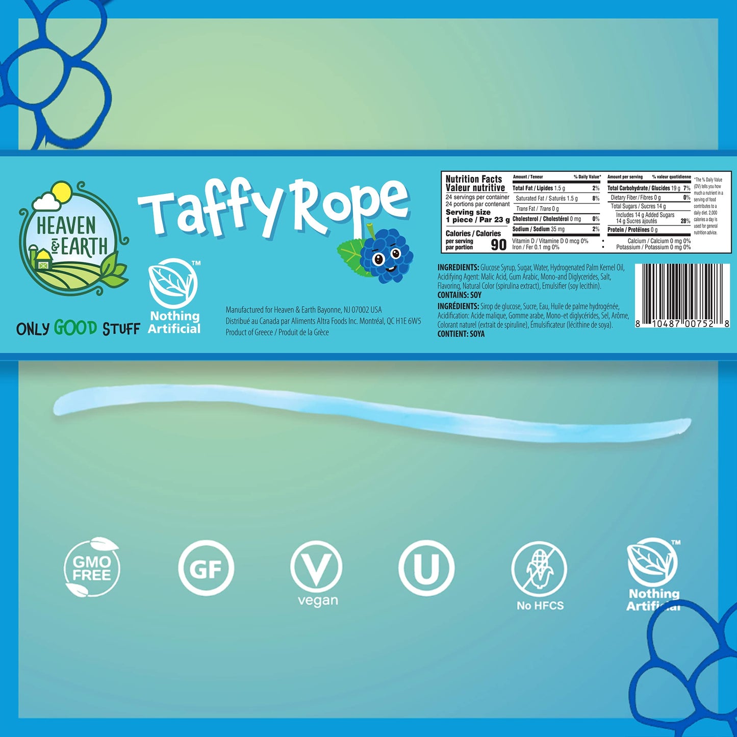 Heaven & Earth Blue Raspberry Taffy Rope 19.5Oz (24 Pack) | Made With Natural Colors & Flavors, No High Fructose Corn Syrup, Gluten Free, Nothing Artificial, Wonderfully Delicious!